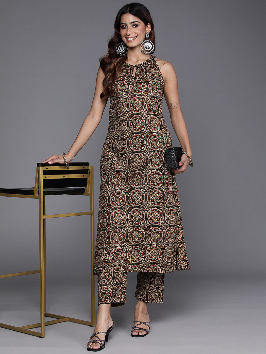 Aveena - multi colour leaf handblock printed halter neck kurta set