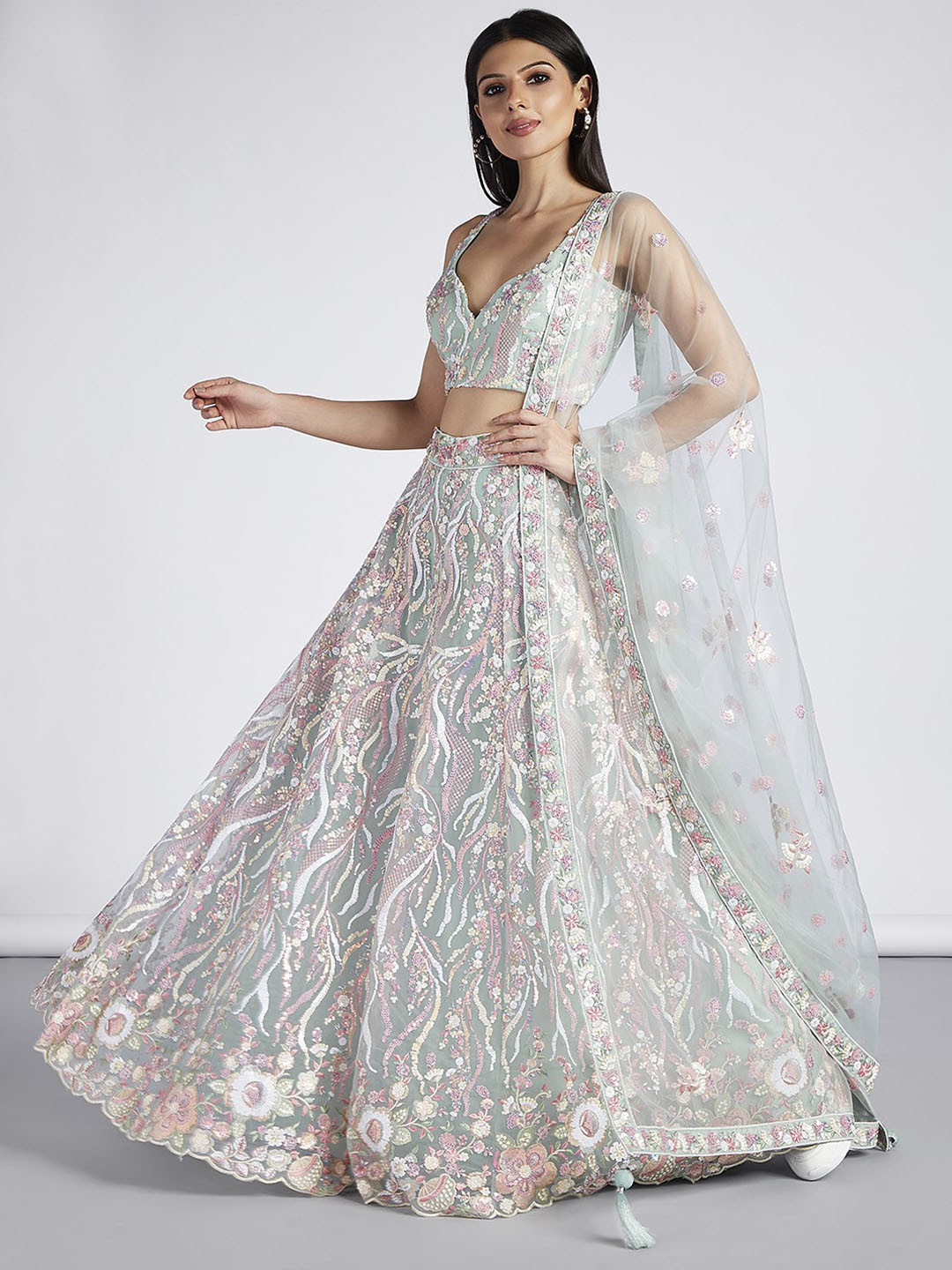 Lavender & White Embroidered Sequinned Semi-Stitched Lehenga & Unstitched Blouse With Dupatta Net main image 1