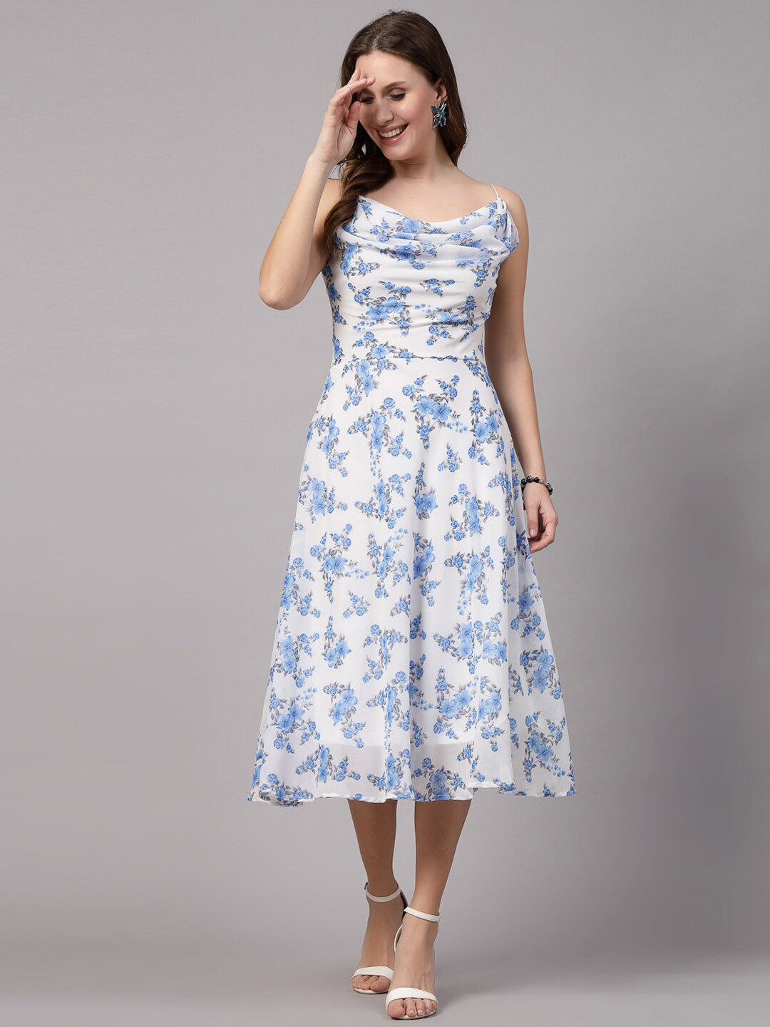 AAYU Women Fit and Flare White & Pink Dress