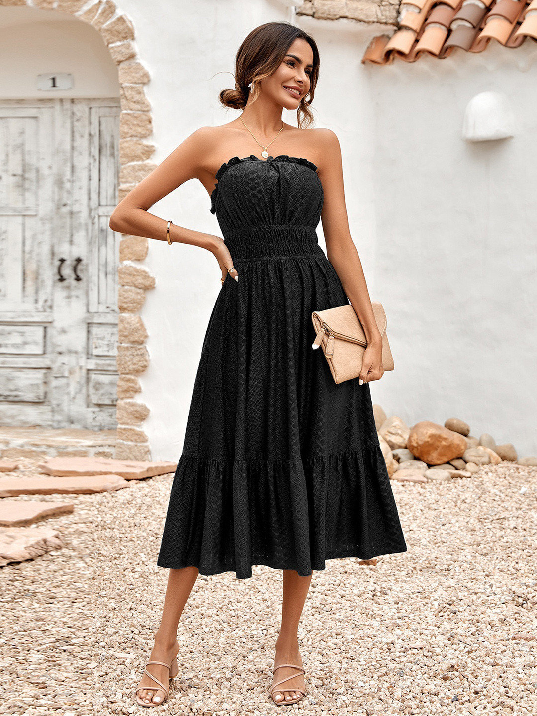 Women's Black Off-Shoulder Fit & Flare Dress
