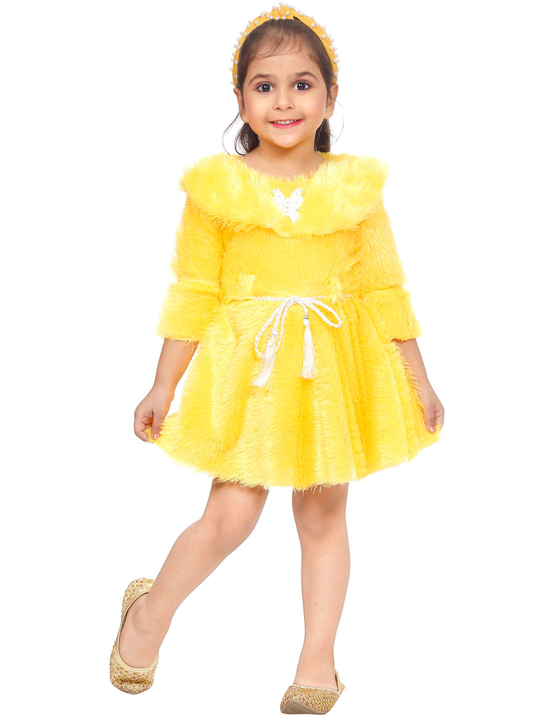 Girls Mustard Yellow Self Design Fit And Flare Dress