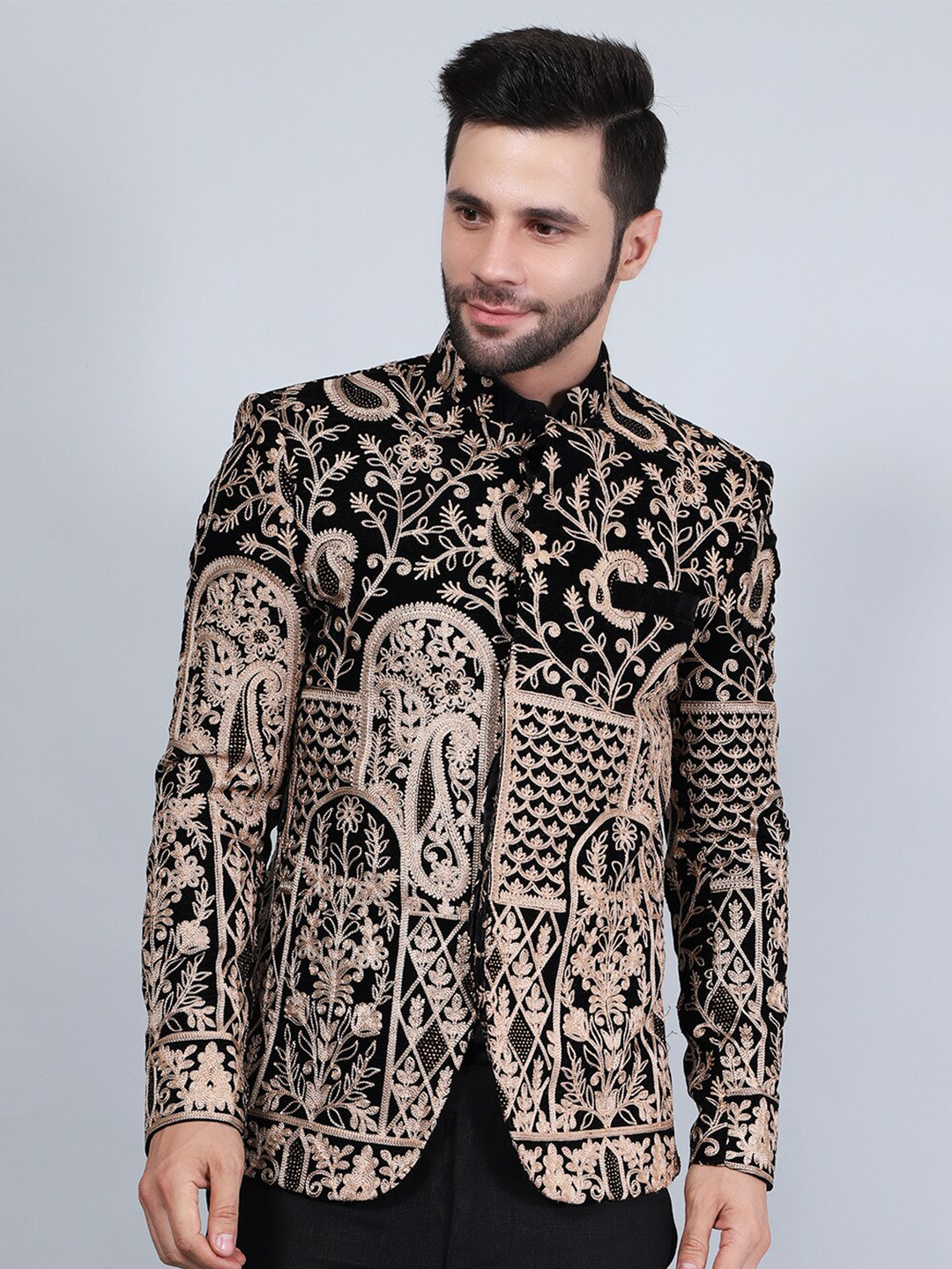 Men's Black Printed Bandhgala Blazer