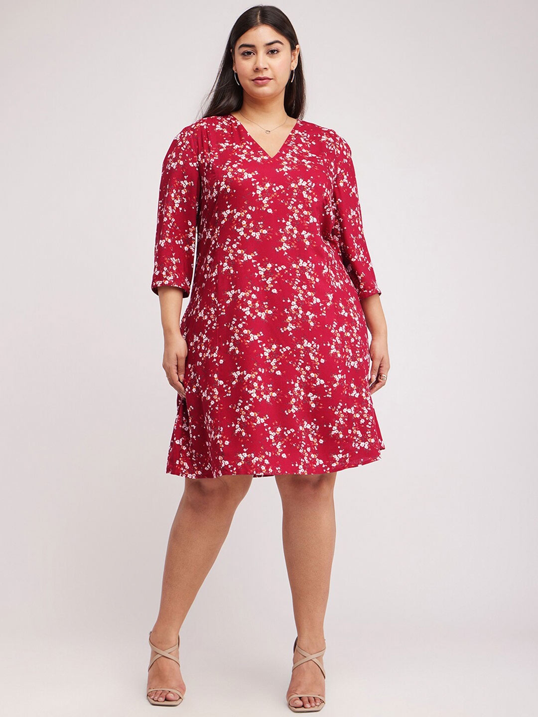 Buy FableStreet X Floral Print Cotton V Neck Plus Size Wrap Dress ...