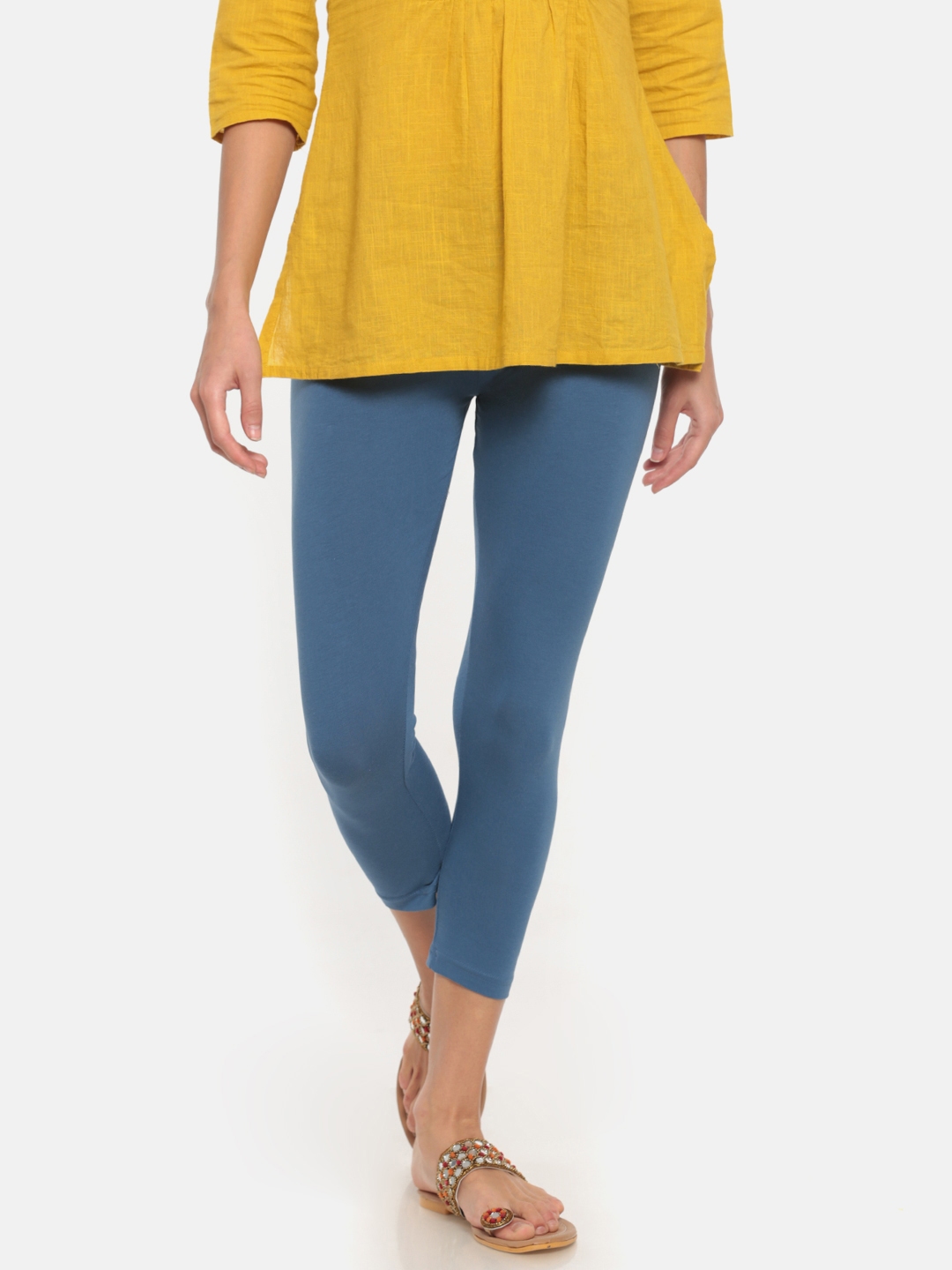 Buy Go Colors Women Blue Solid Skinny Fit Cropped Leggings - Leggings ...