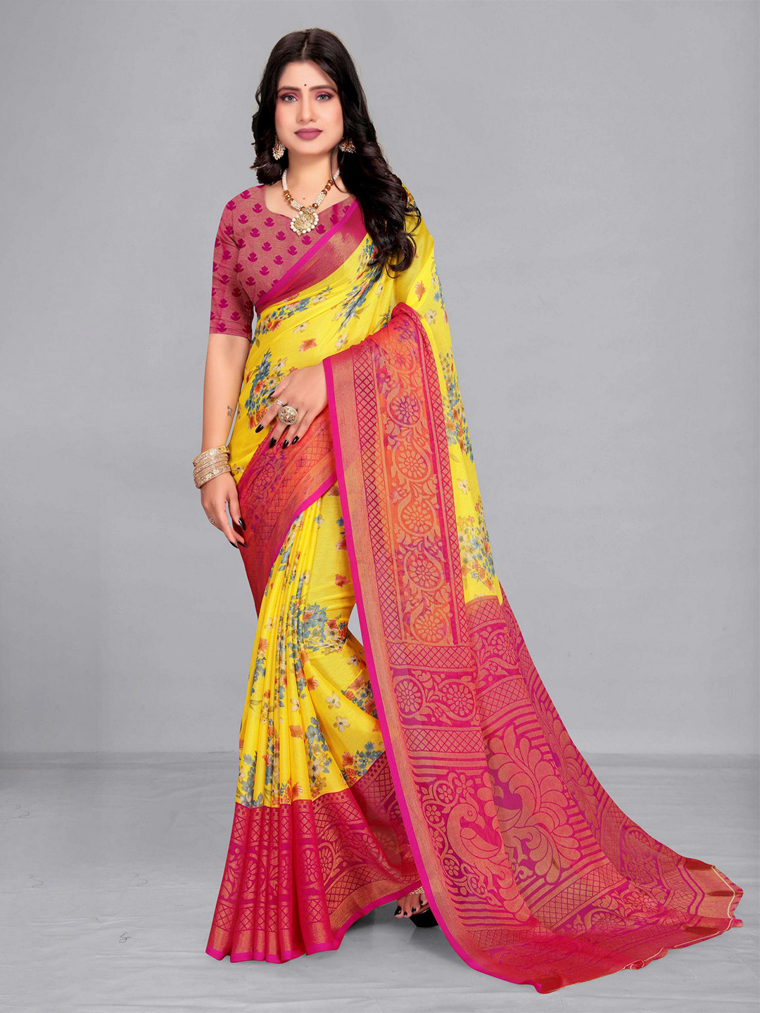 Buy EMV Yellow & Pink Floral Chiffon Saree Sarees for Women 27020314