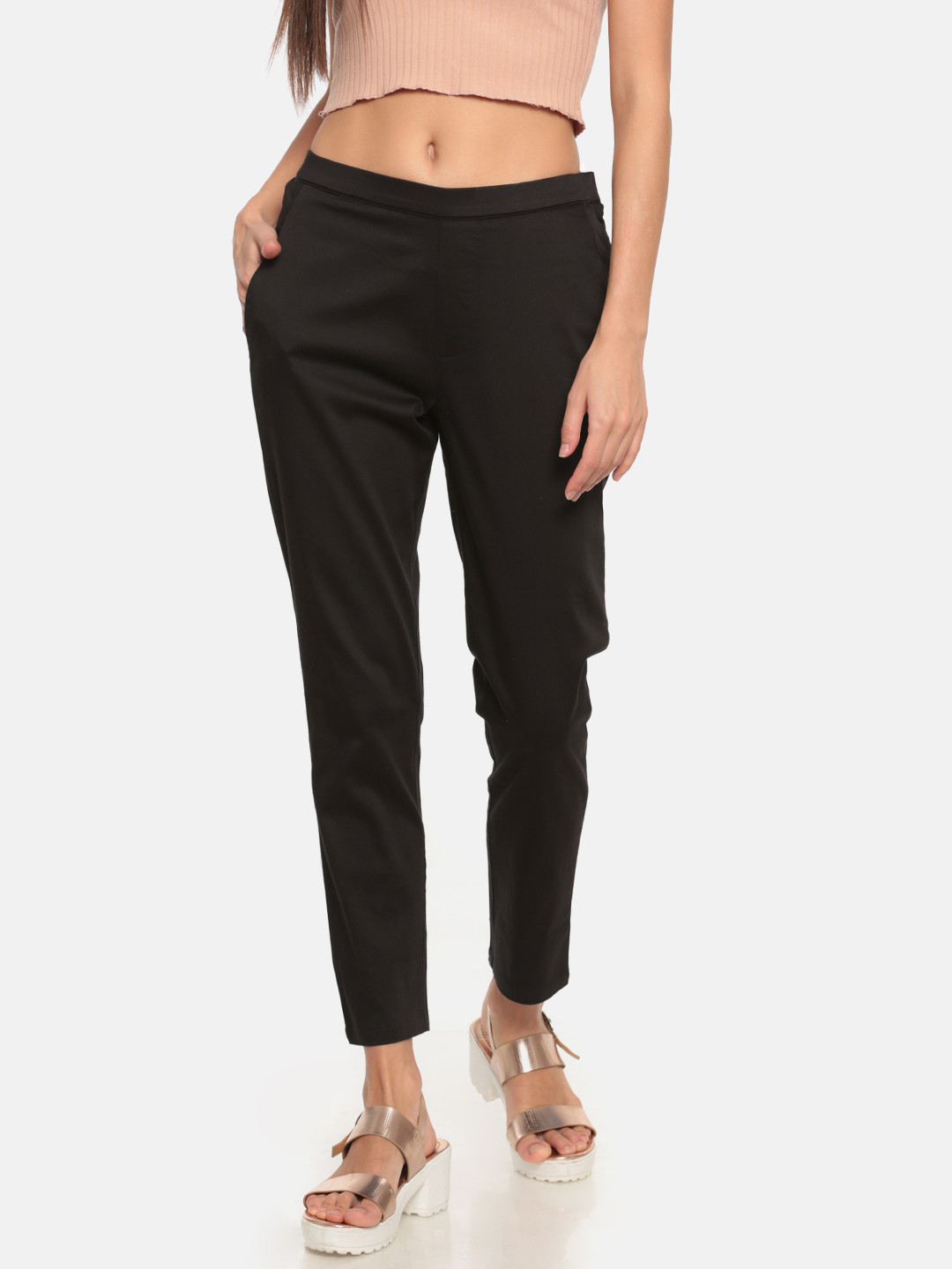 Buy Go Colors Women Black Smart Tapered Fit Cropped Solid Trousers