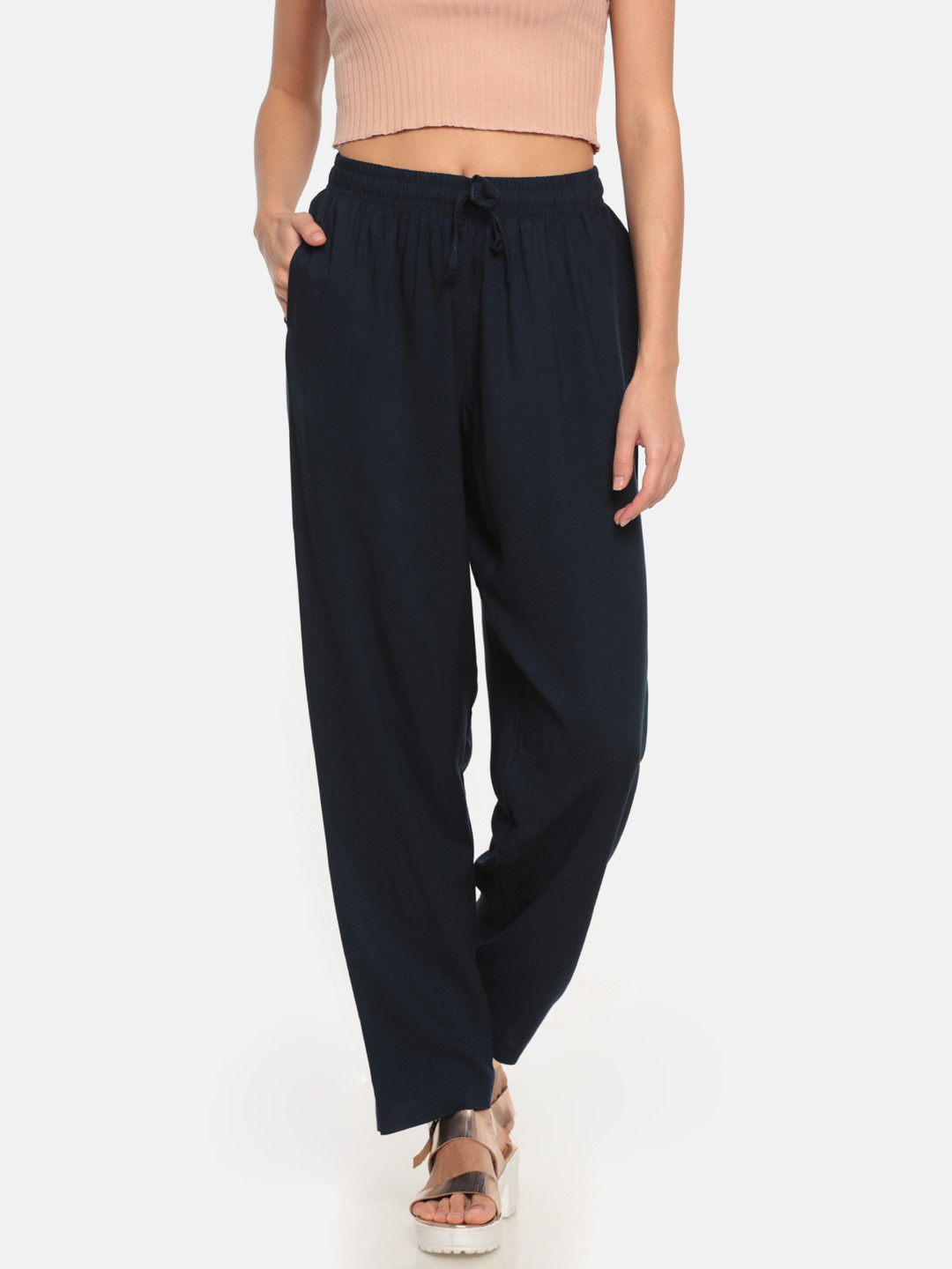 Buy Go Colors Women Navy Blue Solid Relaxed Fit Casual Trousers
