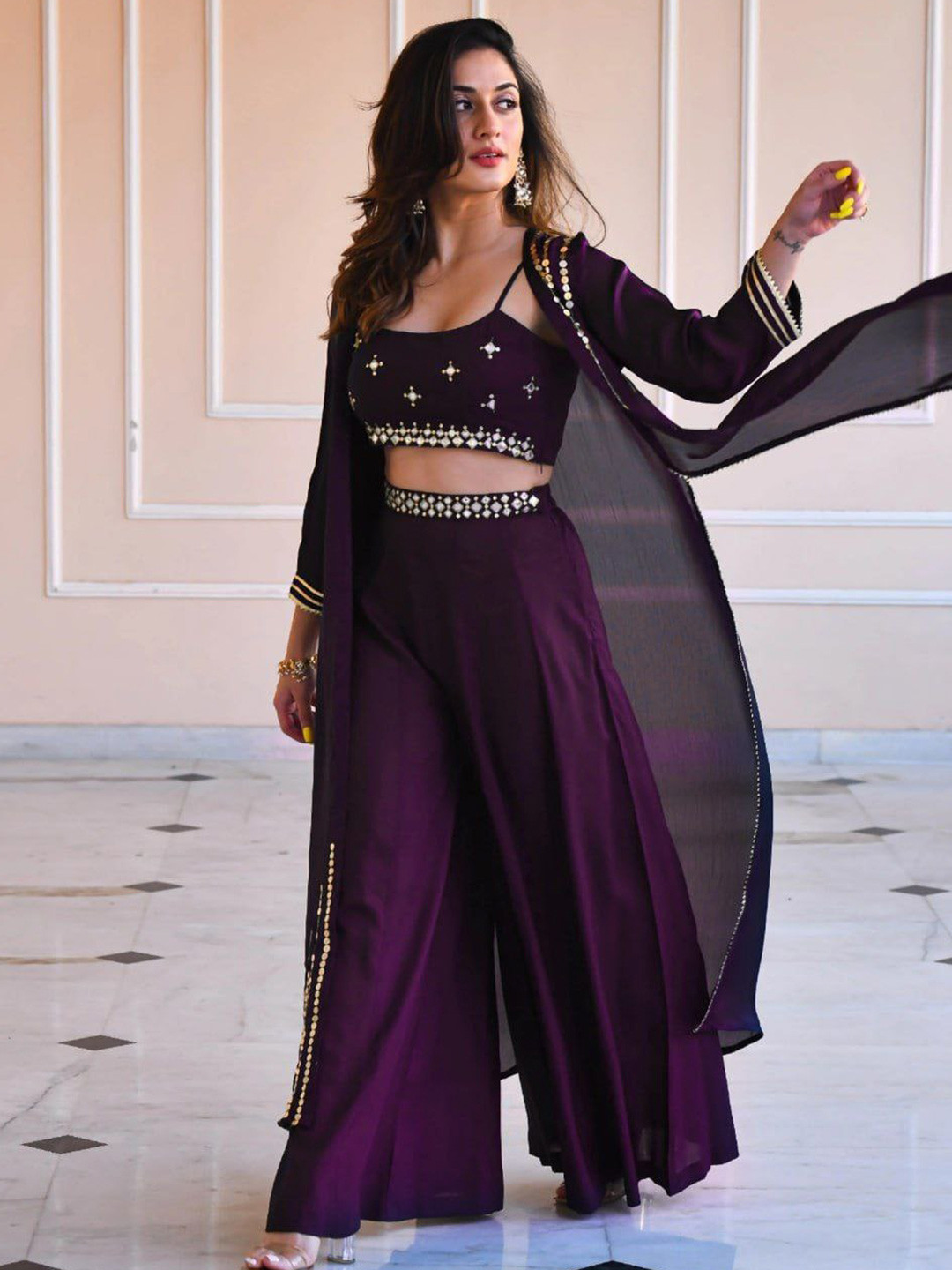 Olive Green Ready To Wear Prestitched Saree, Mirror Work Crop Top & Palazzo With Attached Dupatta