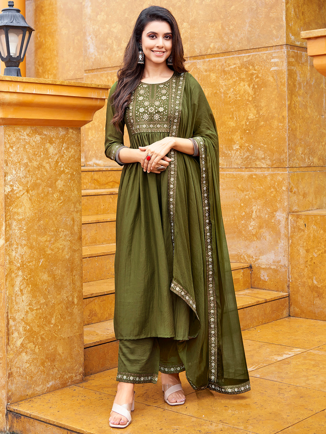 Green Floral Printed Anarkali Kurta Pant Set with Dupatta