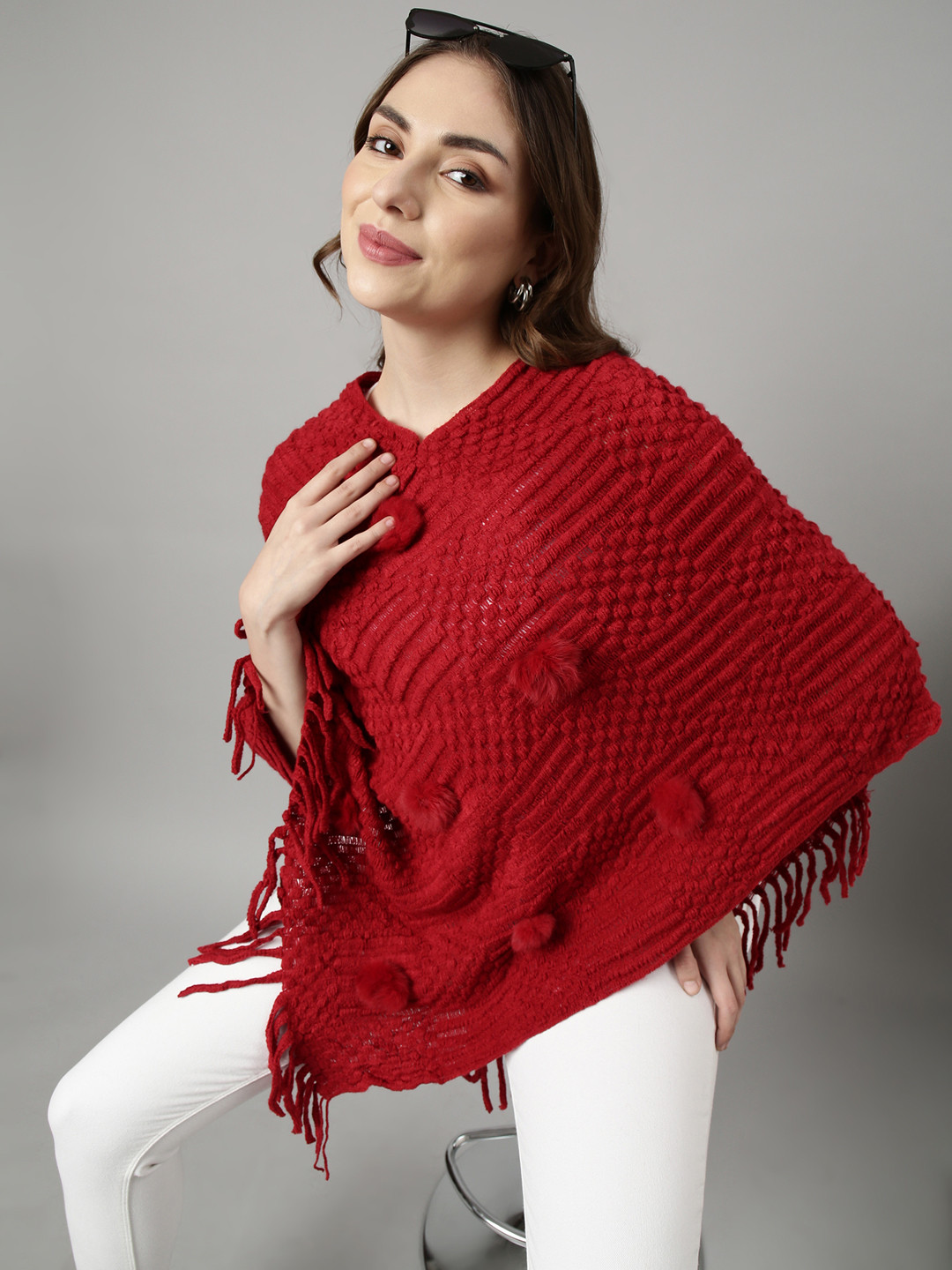 LONG V NECK PONCHO WITH FRINGING RUNAWAY READY main image 1