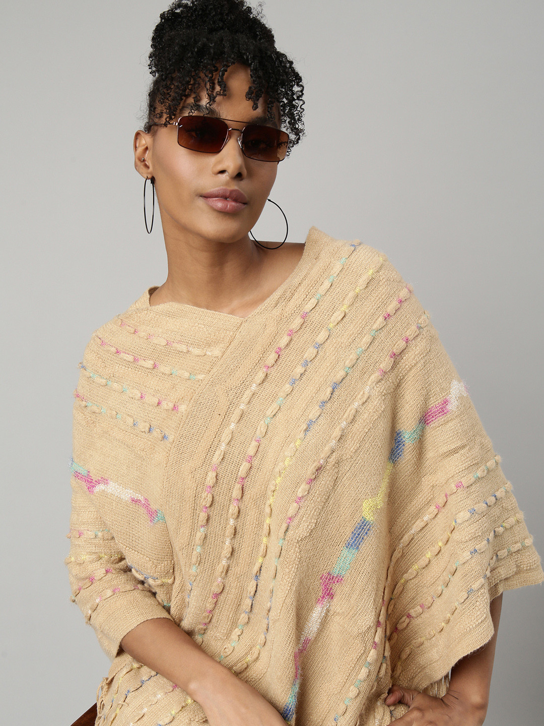 Women's Grey Striped Longline Poncho