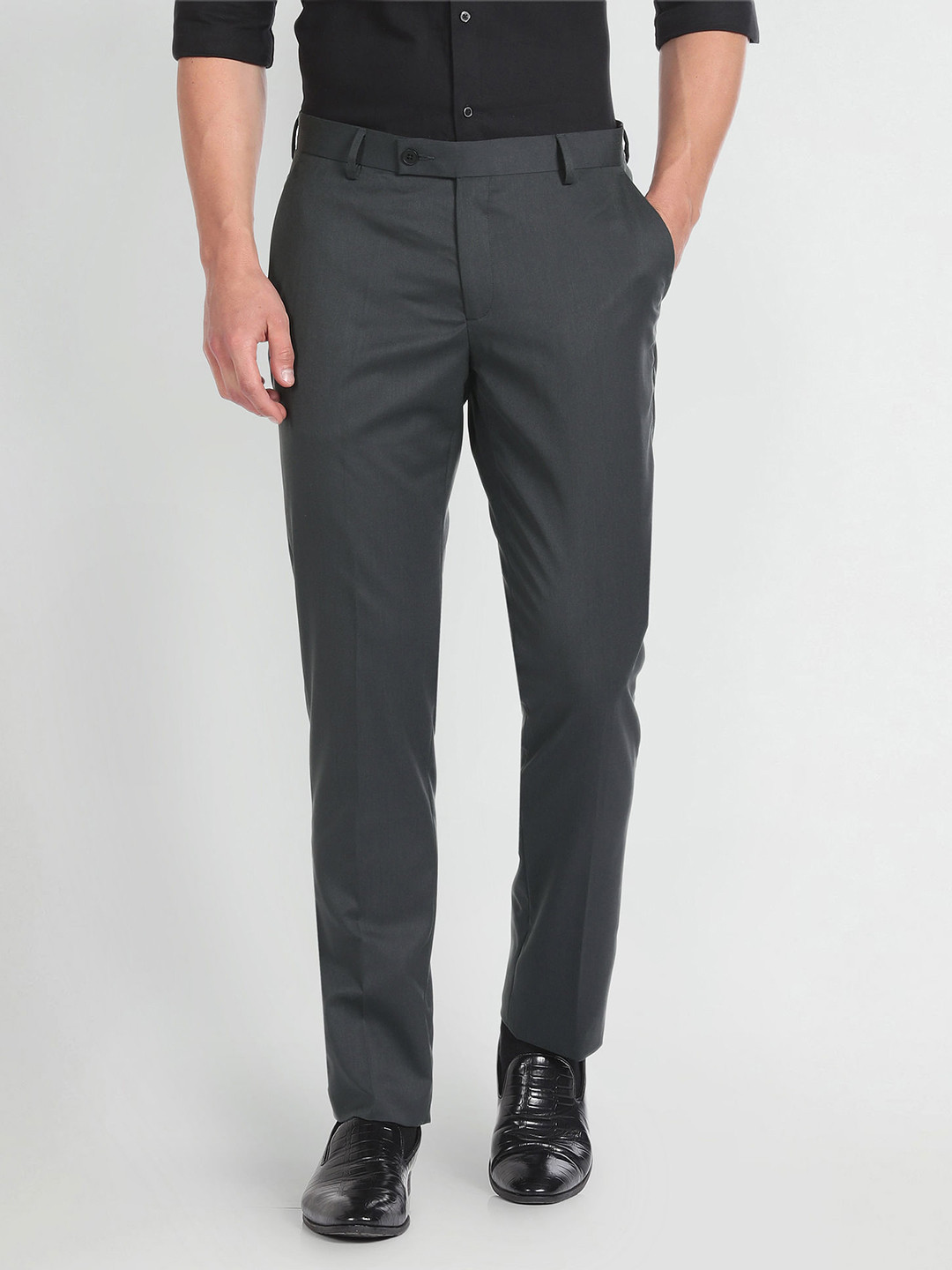 Buy Arrow Men Mid Rise Plain Regular Fit Formal Trousers Trousers ...