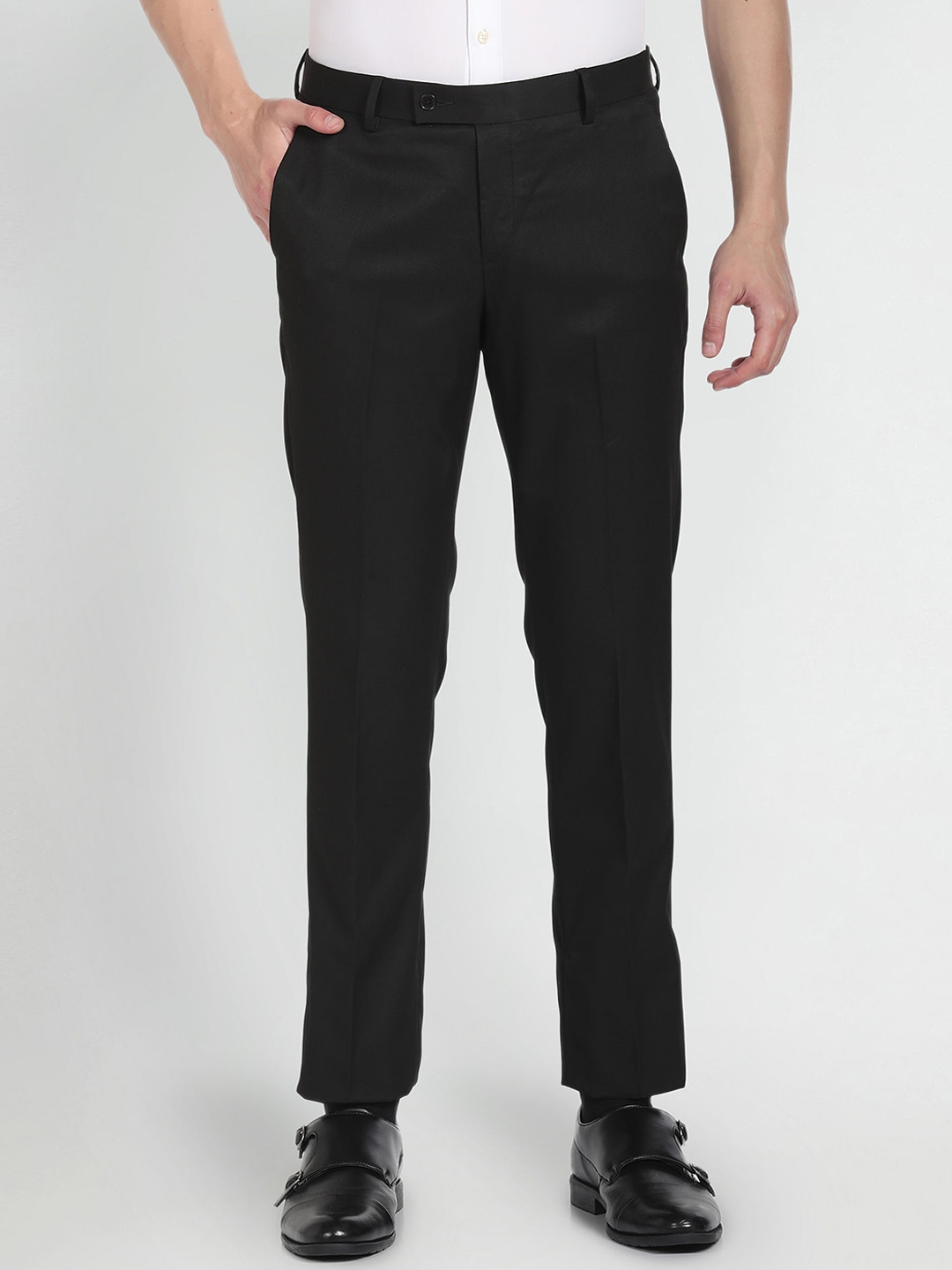 Buy Arrow Men Flat Front Mid Rise Regular Fit Formal Trousers ...