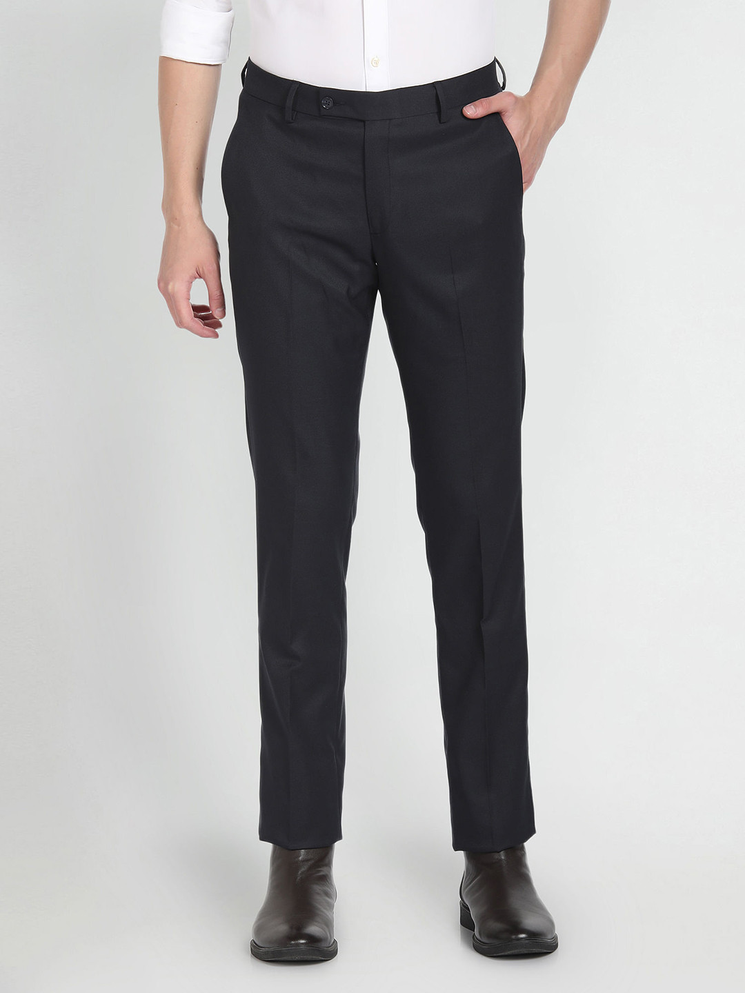 Buy Arrow Men Tailored Fit Flat Front Mid Rise Formal Trousers ...