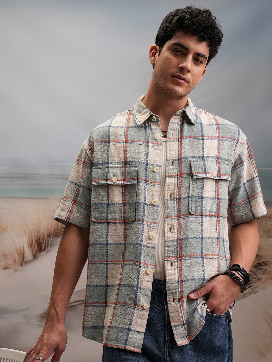 Dobby Check Oversized Shirt - Charcoal