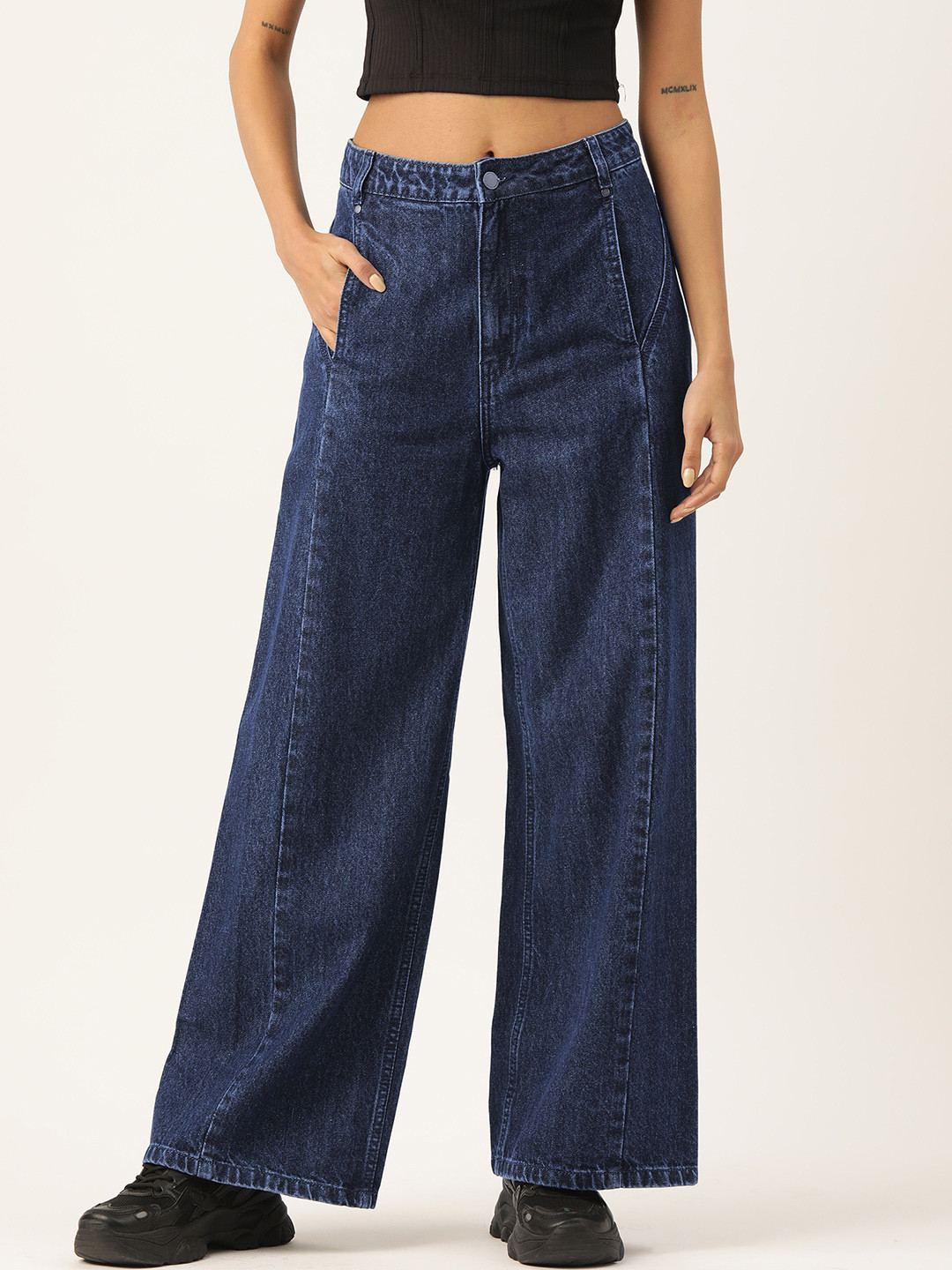 GETADME High Stretch Mid-Rise  Jeans Fashion Wide Leg Shape Women Casual Baggy Mid Waist Denim Jeans