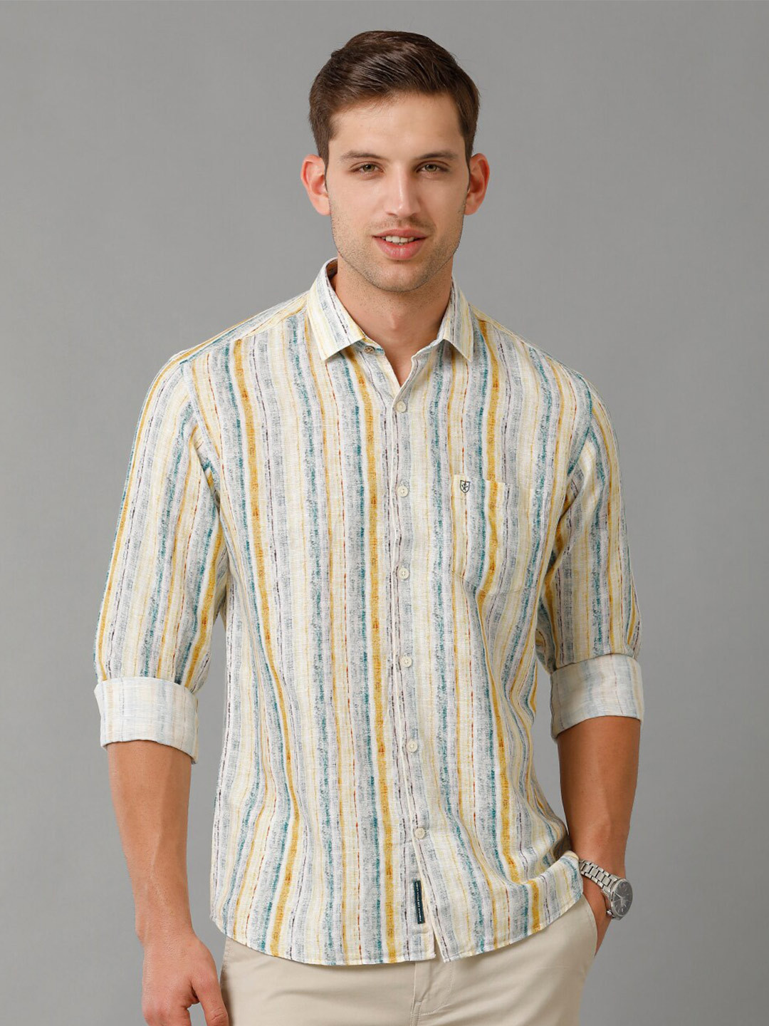 Men's Cotton Linen Striped Shirt Full Sleeve Stand Collar Single Breasted Casual Top