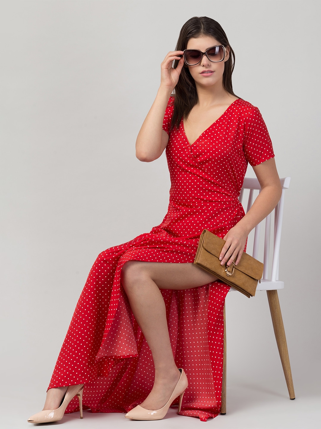 Buy ADDICTED ATTIRE Polka Dot Print V Neck Short Sleeves Maxi Slip Dress - Dresses for Women ...