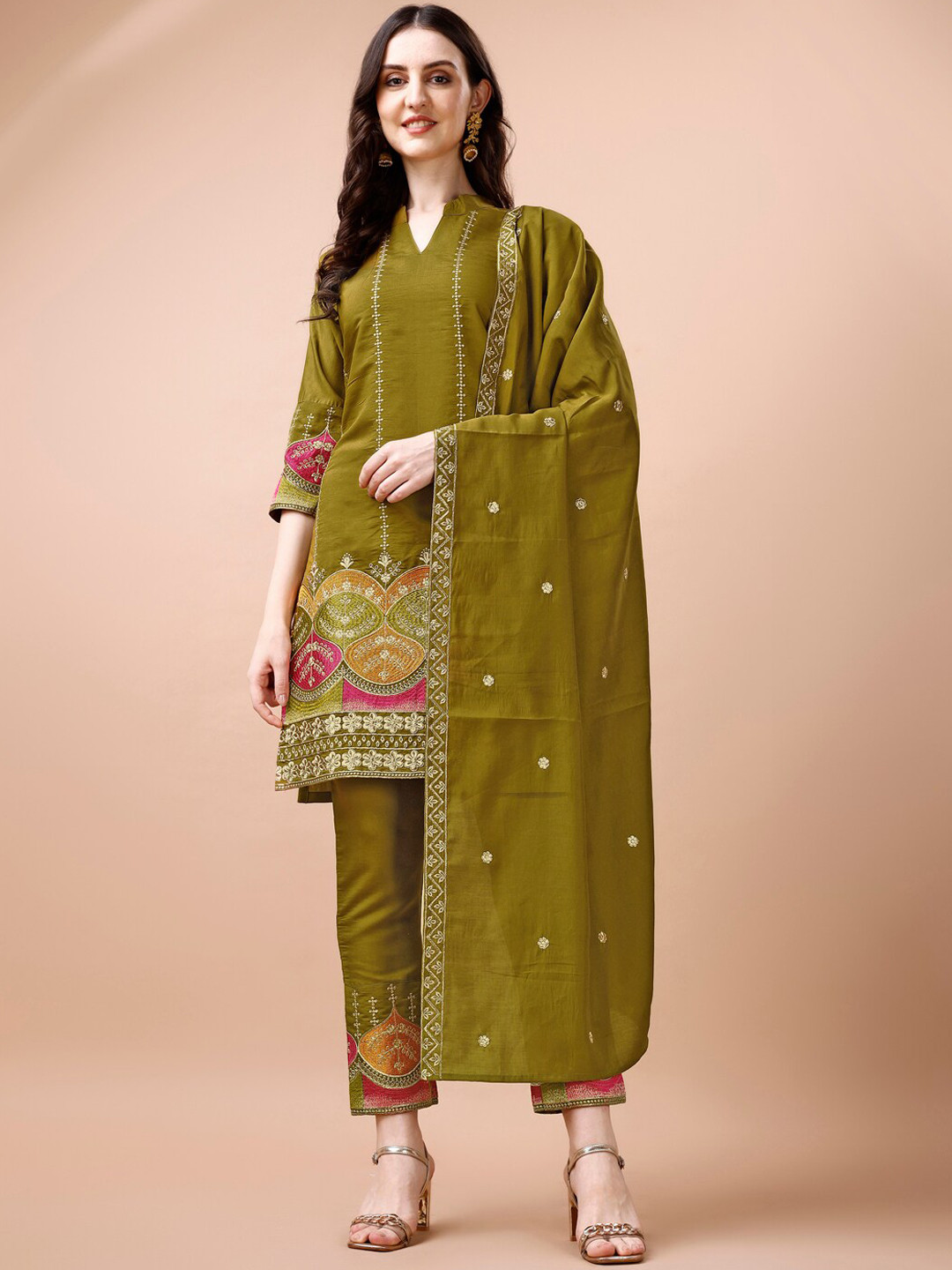 Buy KALINI Ethnic Motifs Embroidered Mandarin Collar Kurti With