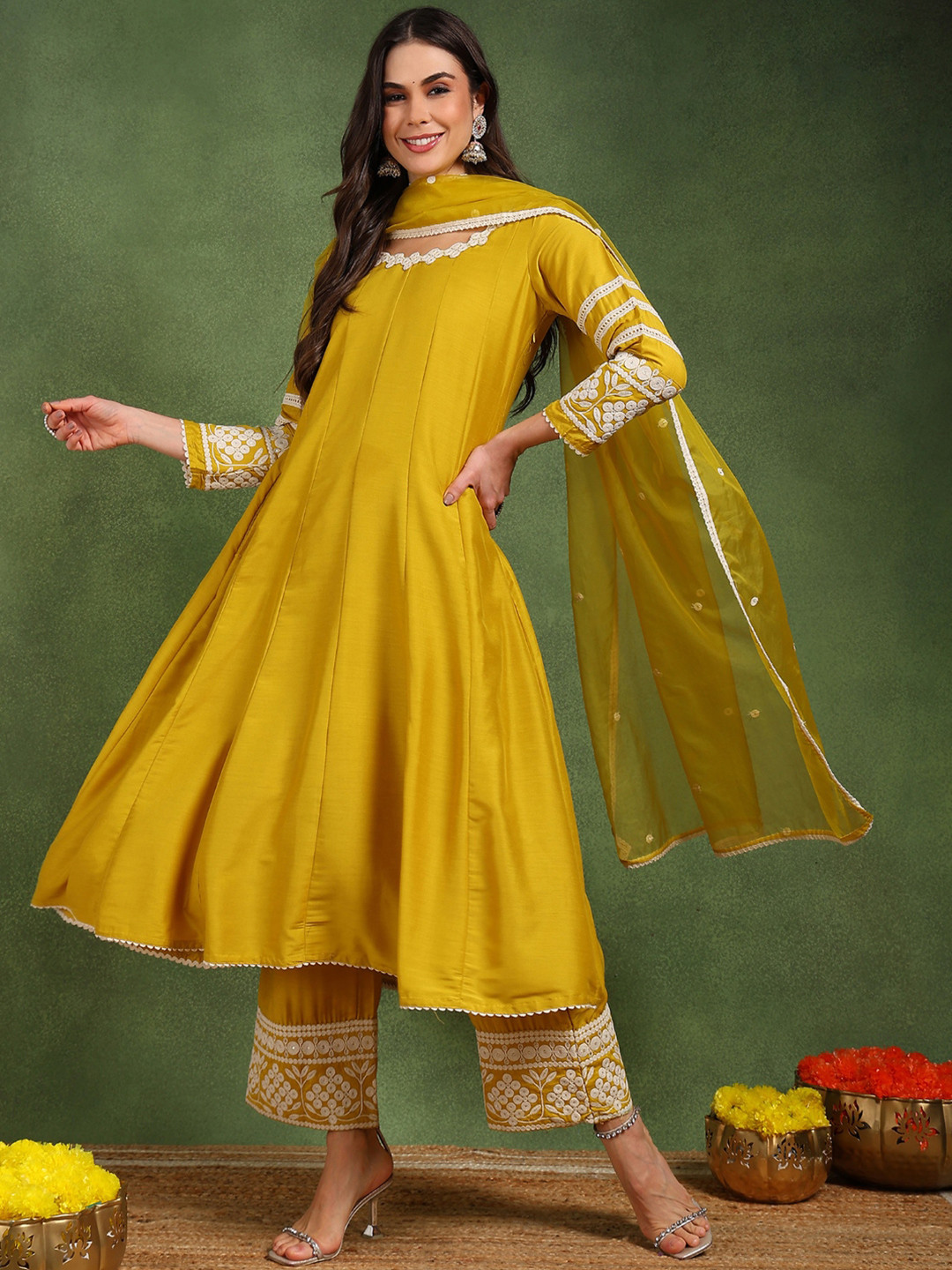 Women's Floral Printed Empire Mirror Work Kurta with Palazzos