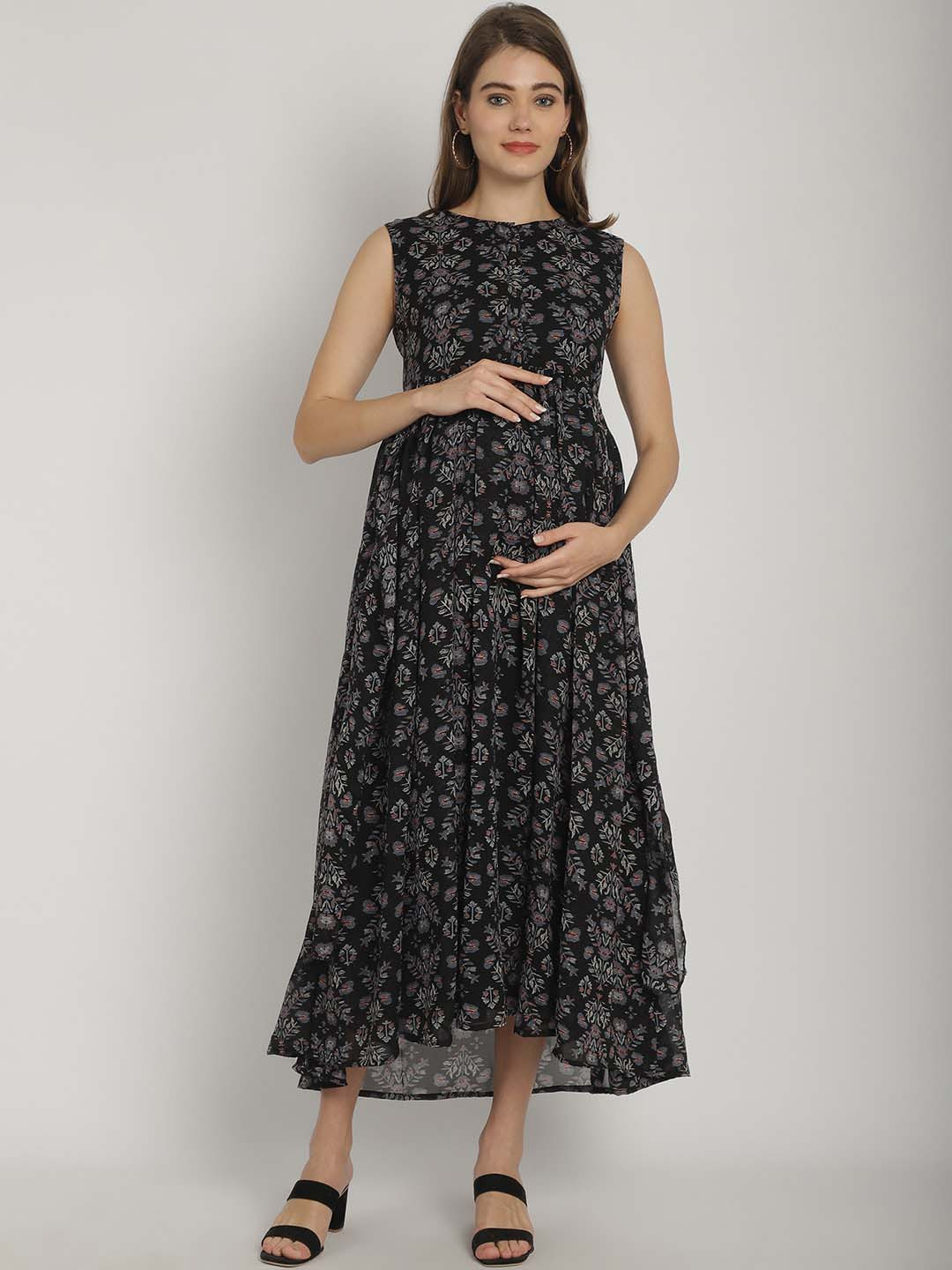 Women Floral Printed Black Pure Cotton Flared Maternity Maxi Dress