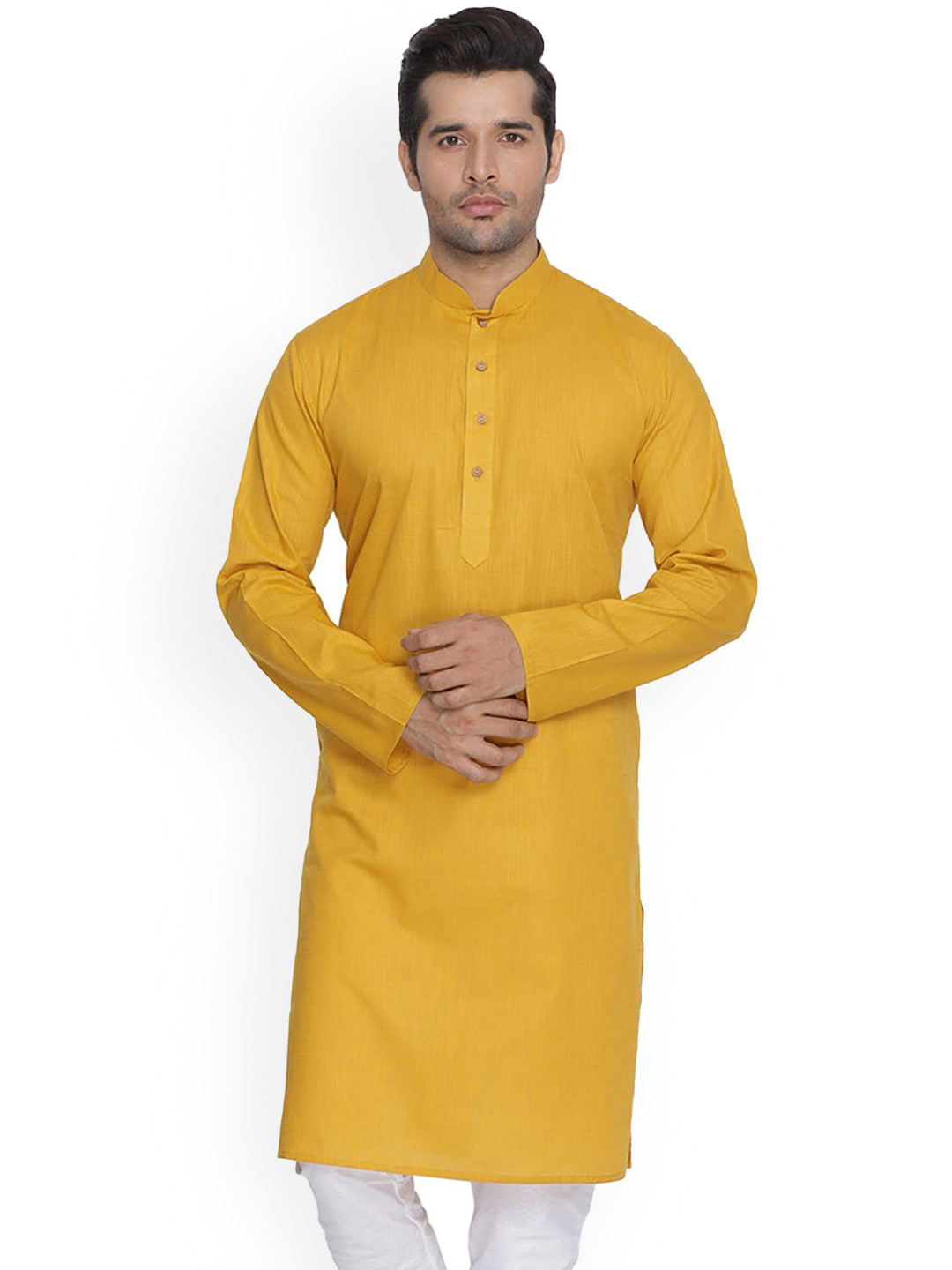 Buy Mitera Mustard Yellow Mandarin Collar Straight Kurta With Pyjamas Kurta Sets for Men
