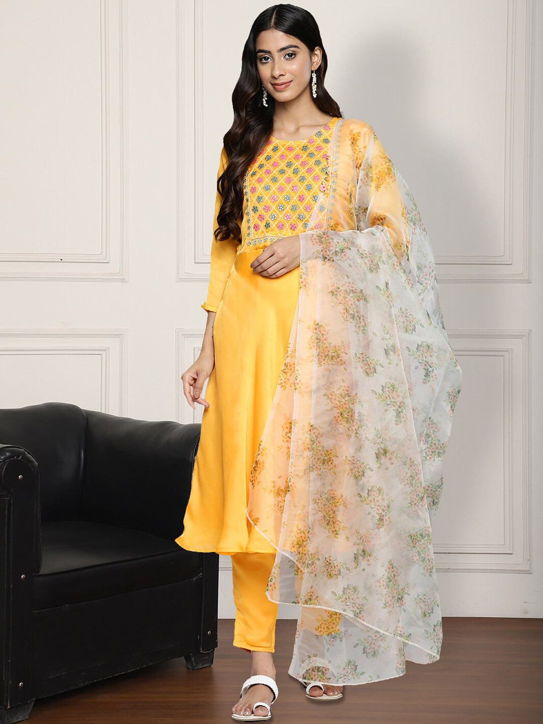 Women Multicolor Rayon Printed & Little mirror embellished Kurta with pant & dupatta