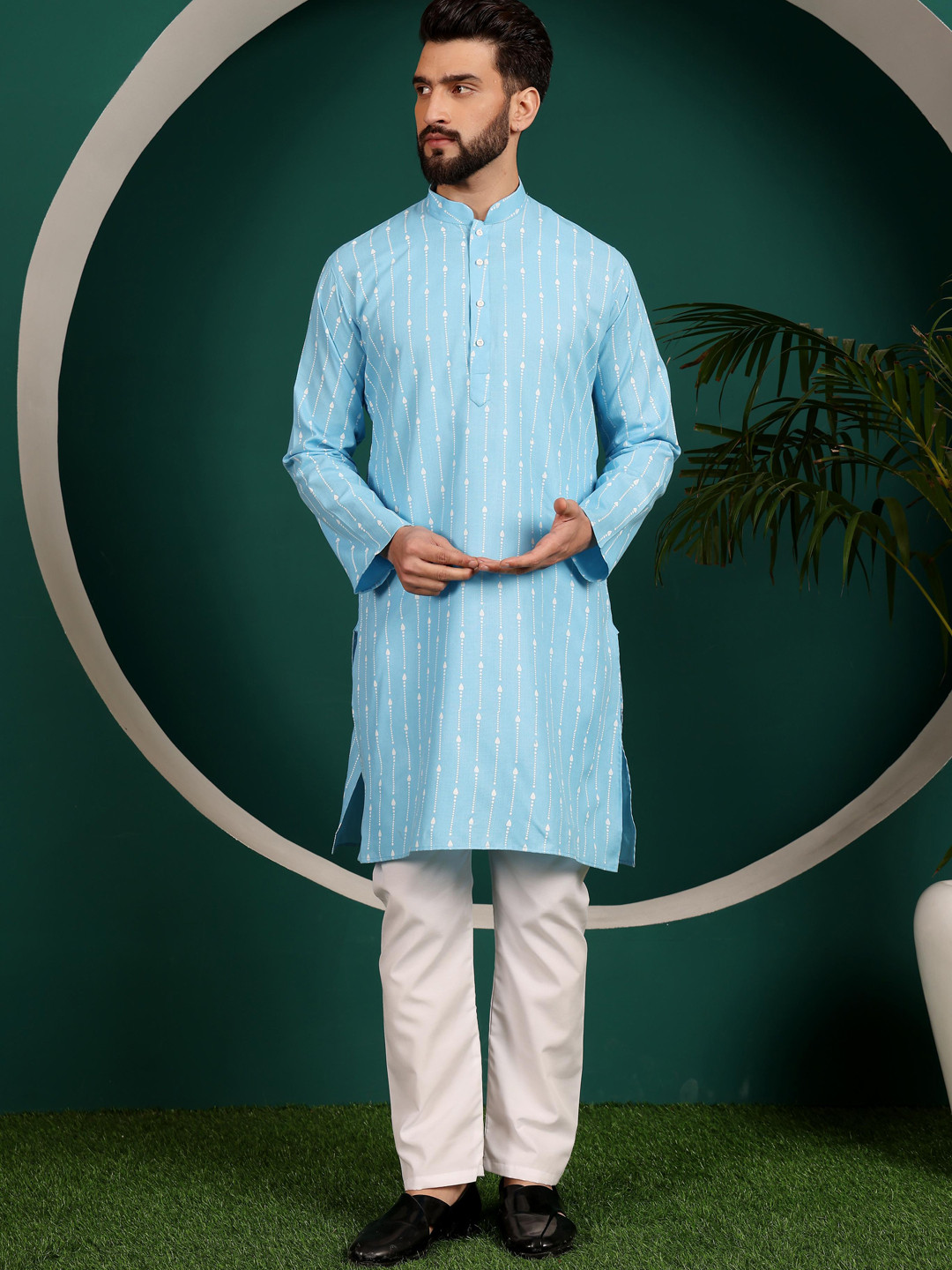 Men Grey Ethnic Motifs Printed Pure Cotton Kurta with Pyjamas