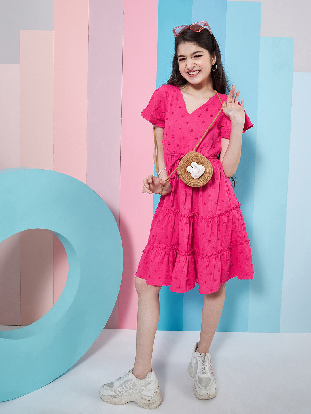 Buy Pspeaches Girls Self Design Flared Sleeves Tiered Georgette Fit ...