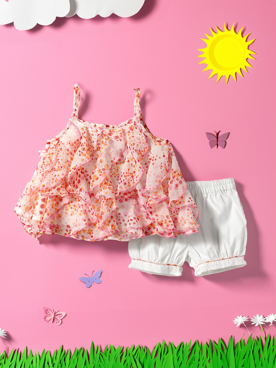 Nauti Nati Girls Pink  White Printed Top With Shorts main image 0