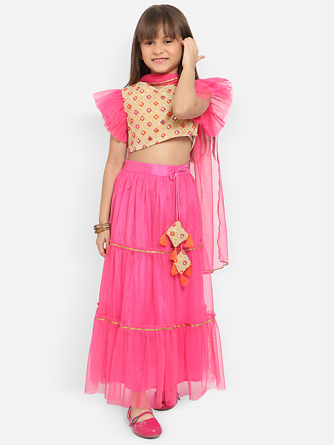 Girls Navy Bandhej Printed Lace Work Ready To Wear Choli With Lehenga