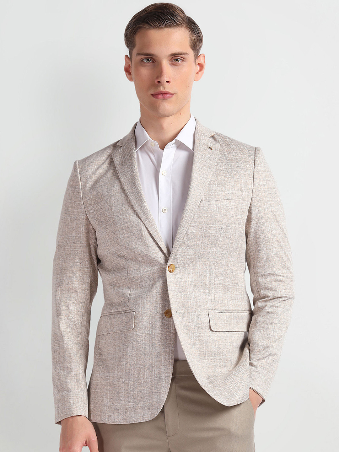 Men's Off White Printed Notched Lapel Collar Single Breasted Slim-Fit Casual Blazer