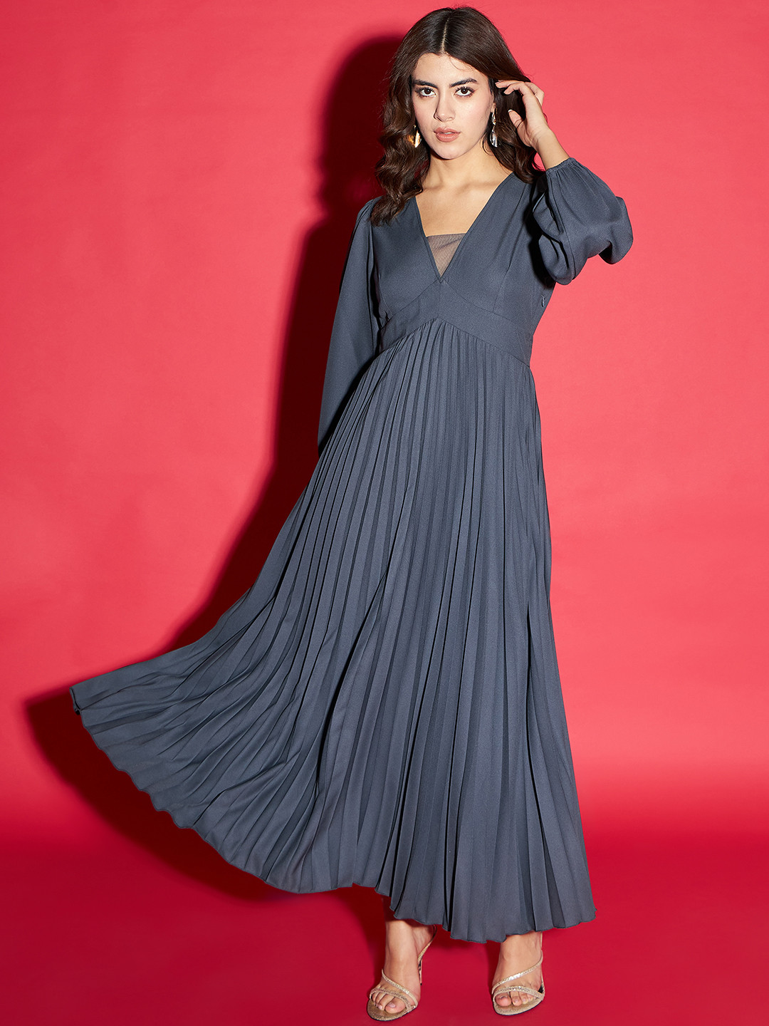 Pleated V-Neck Long Sleeve Maxi Dress With Belt Slate BluePapaya