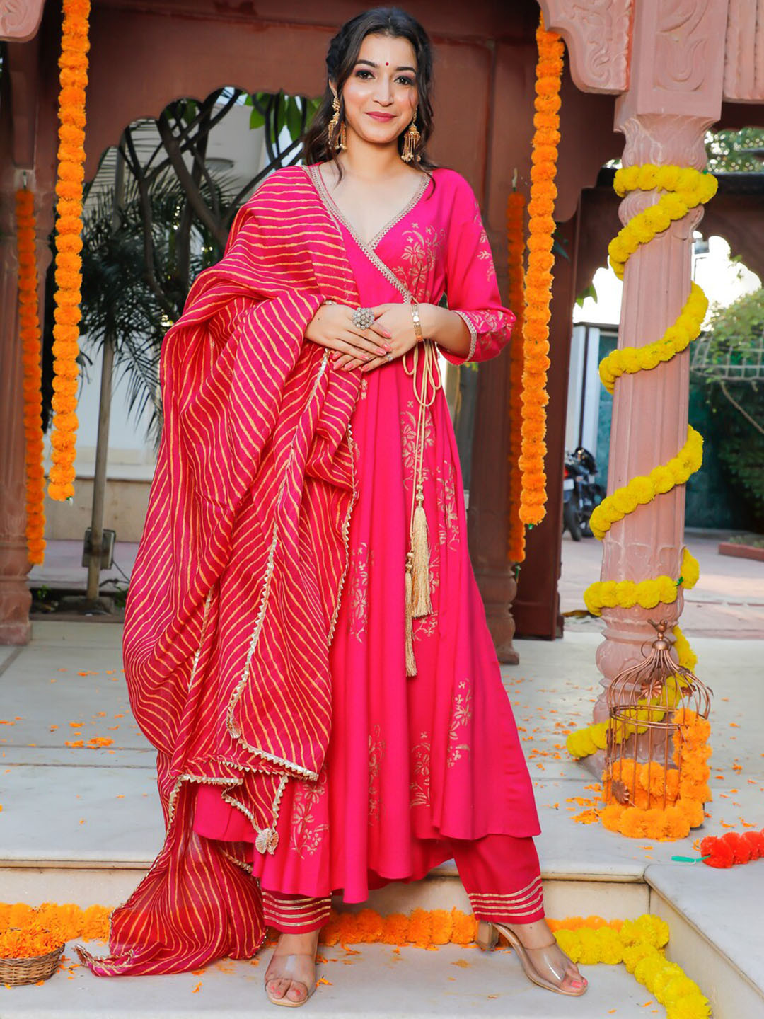 Girls Peach Orange booti Angrakha Gotta Patti Kurta & Trousers set With Dupatta