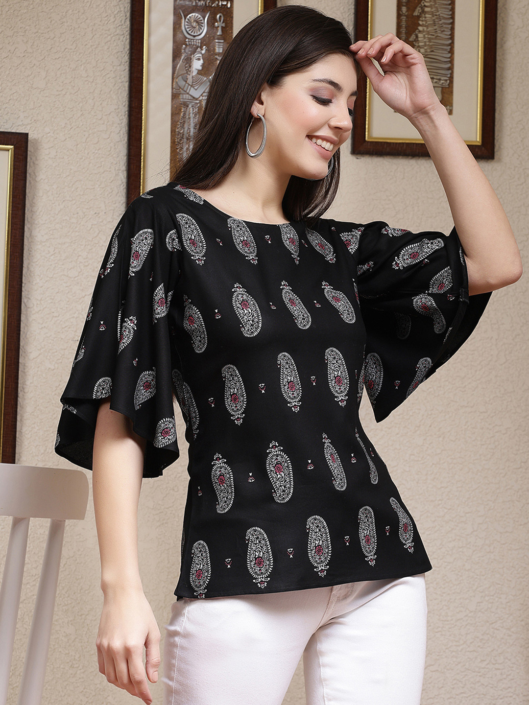 Ink Blue Cotton Floral Print Flared Top for Women – Sizes S to 3XL