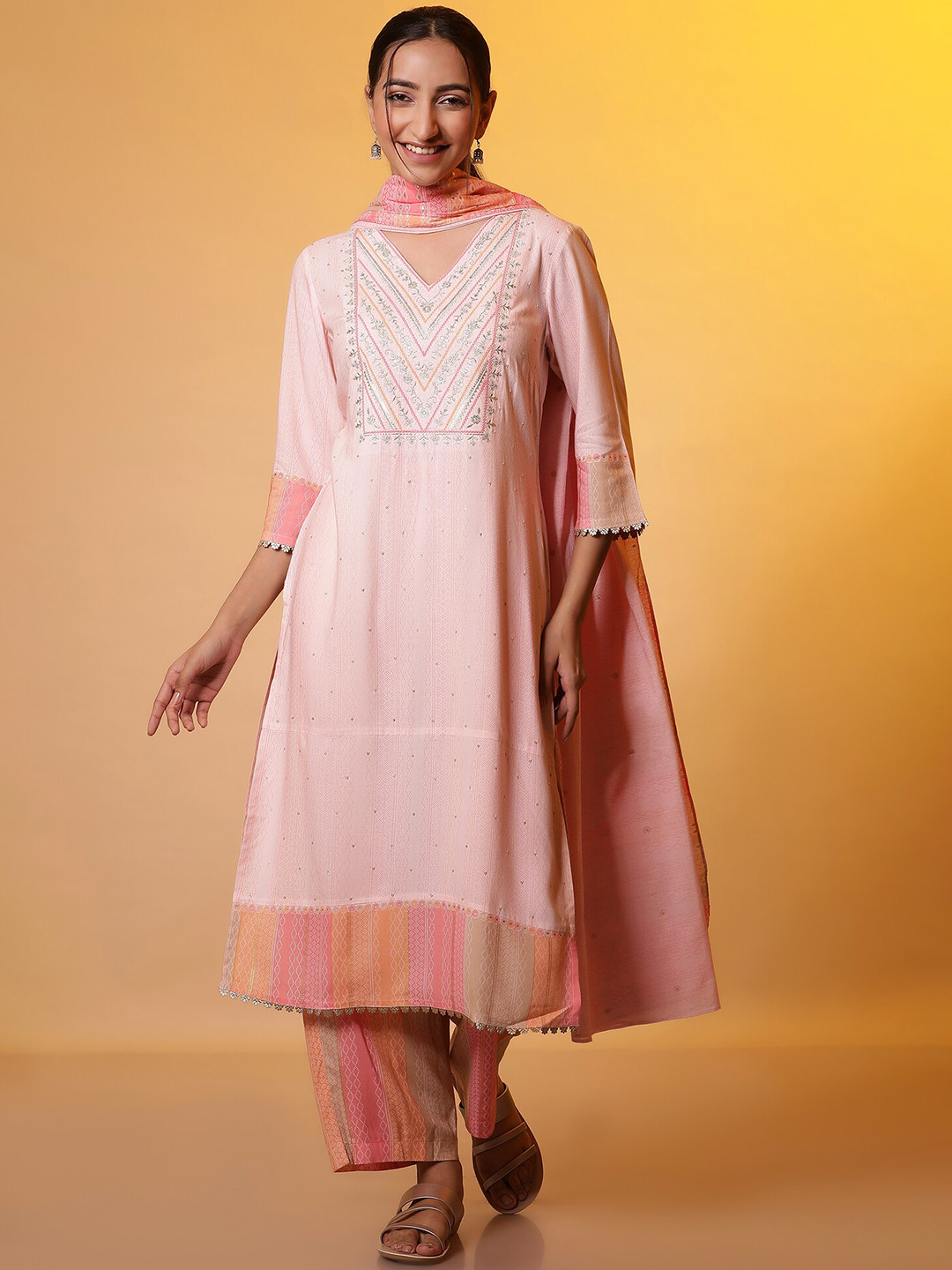 Women Beige Regular Kurti Palazzos & Dupatta Set main image 1