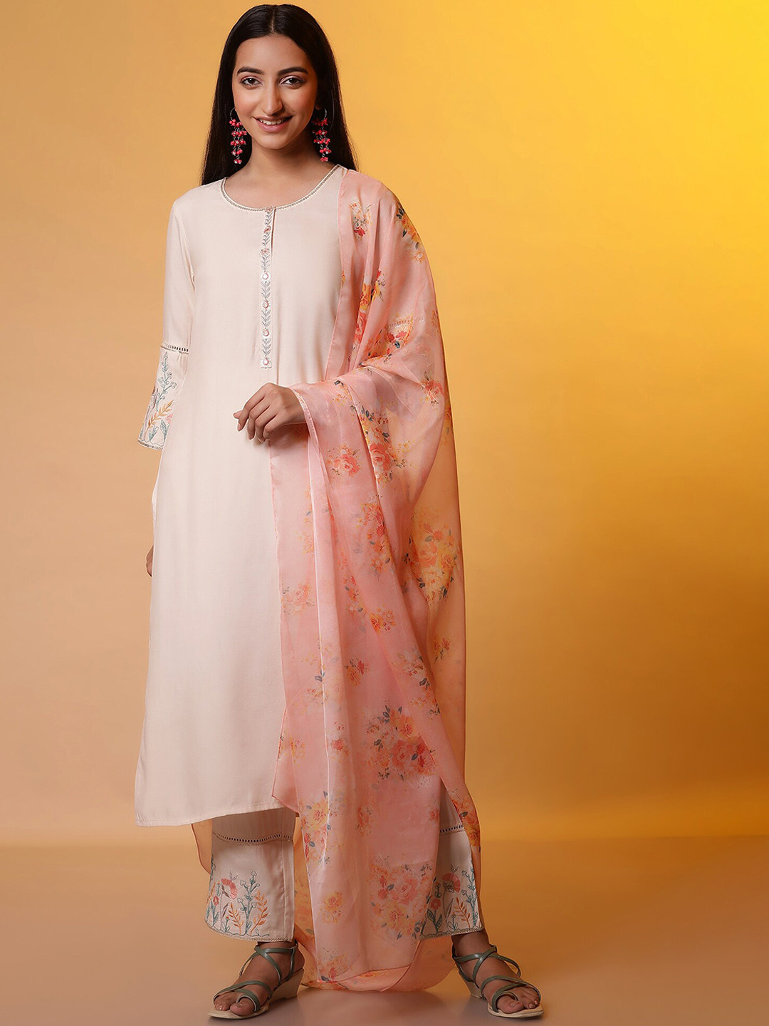 Women White Embroidered Straight Kurta With Palazzo And Net Dupatta