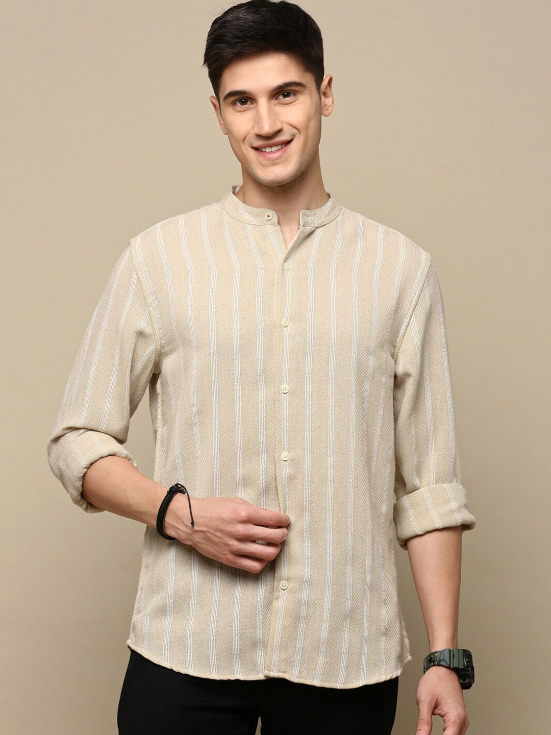 Men's Striped Blue Casual Shirt with Mandarin Collar