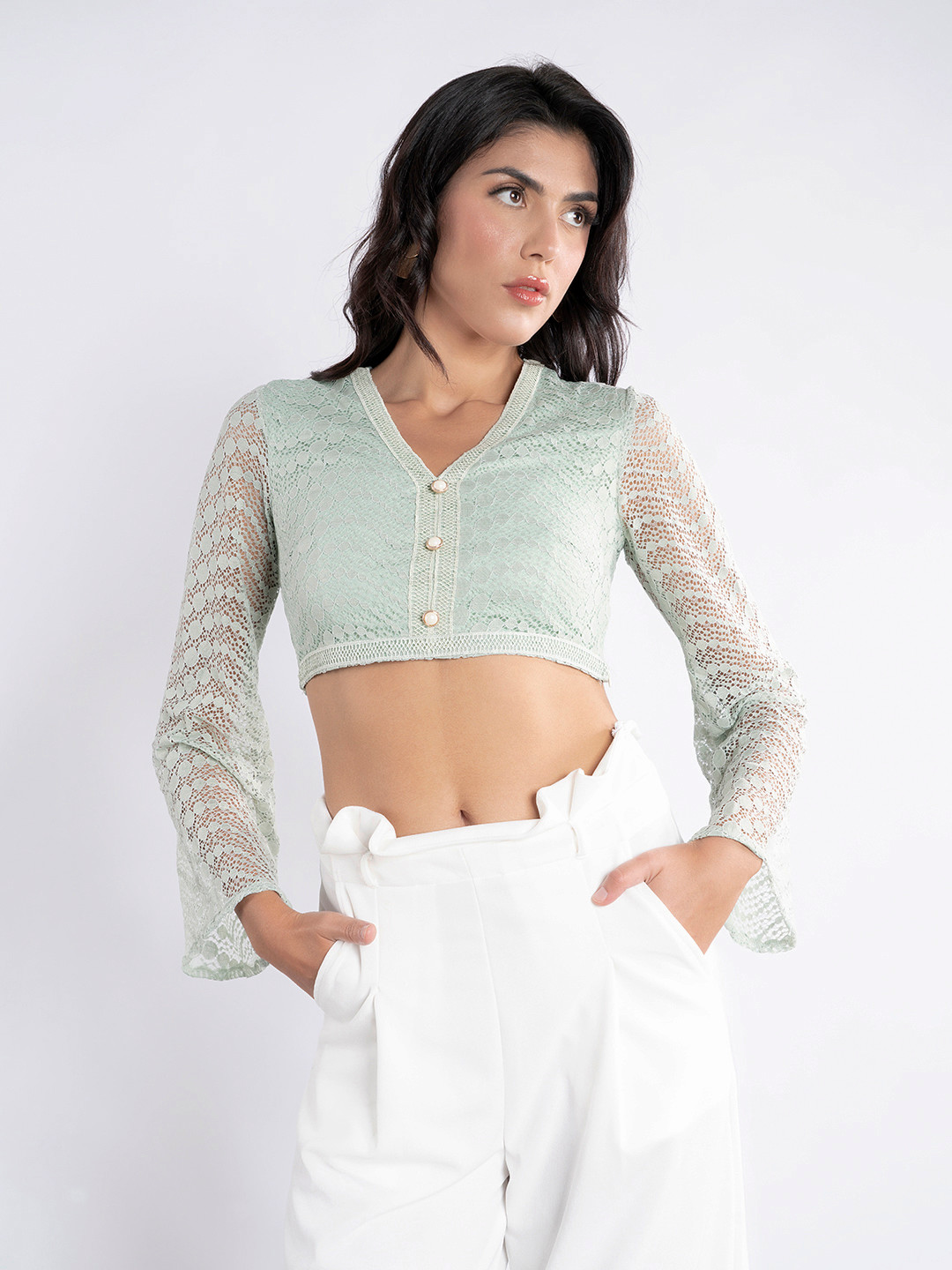 Buy Stylecast X Hersheinbox Floral Self Design Flared Sleeve Lace Crop ...