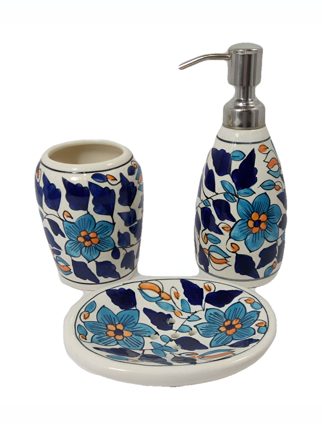 Buy INDIA MEETS INDIA Blue 3 Pieces Printed Ceramic Bath Accessories ...
