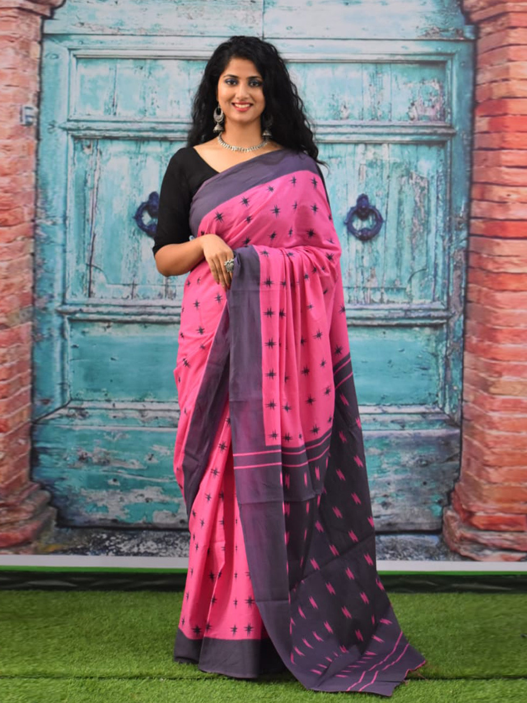 Green - Linen Hand Block Sanganeri Print Saree with Zari Border 07