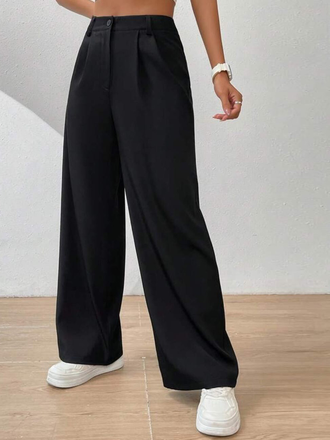 Women's Pleated Cream High Waist Korean Pants with Belt