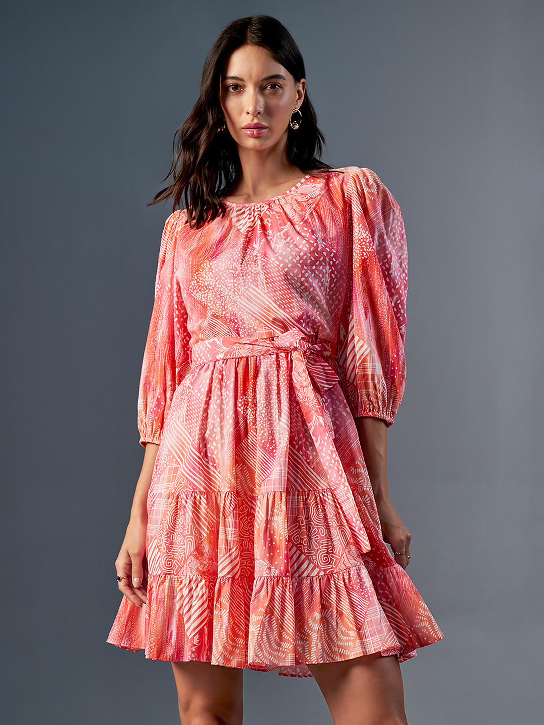 Floral print puff sleeves fit & flare dress