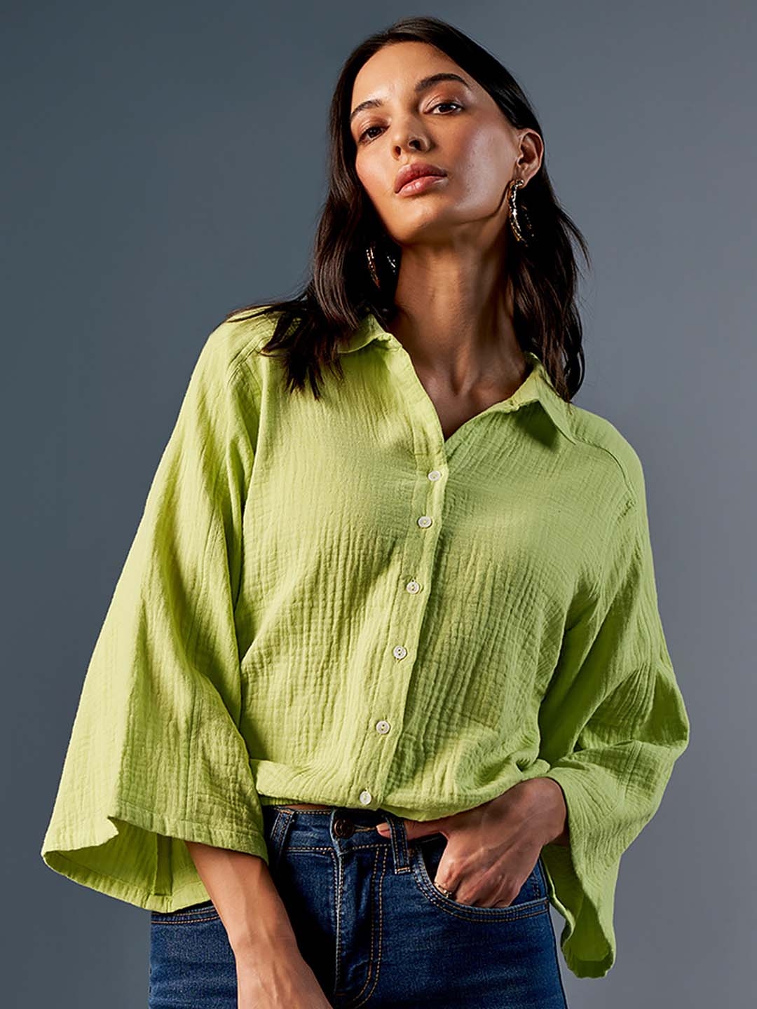 Buy AND Self Design Flared Sleeve Pure Cotton Shirt Style Top - Tops ...