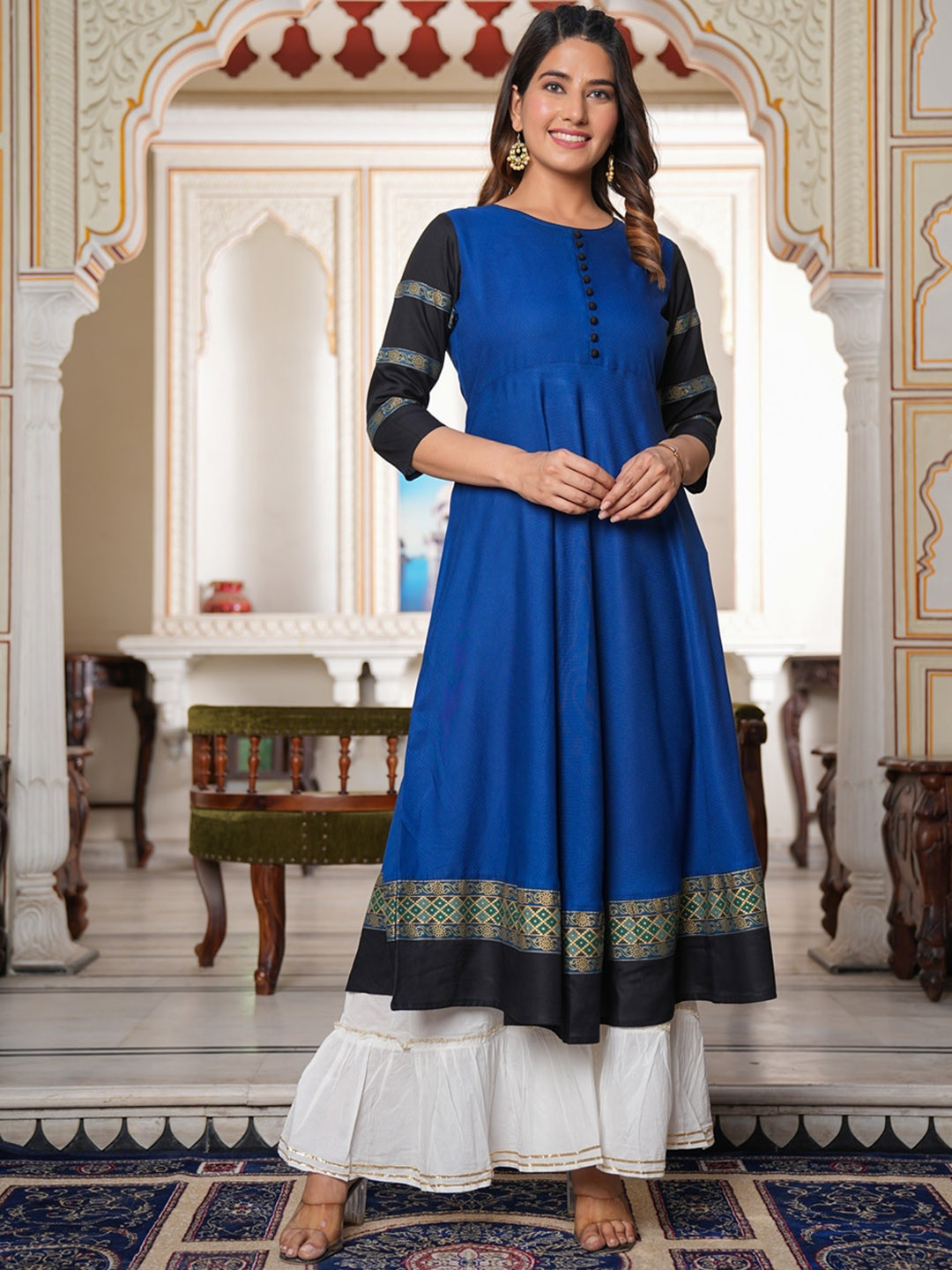 Women's Coral Geometric Printed Puff Sleeves Anarkali Kurta