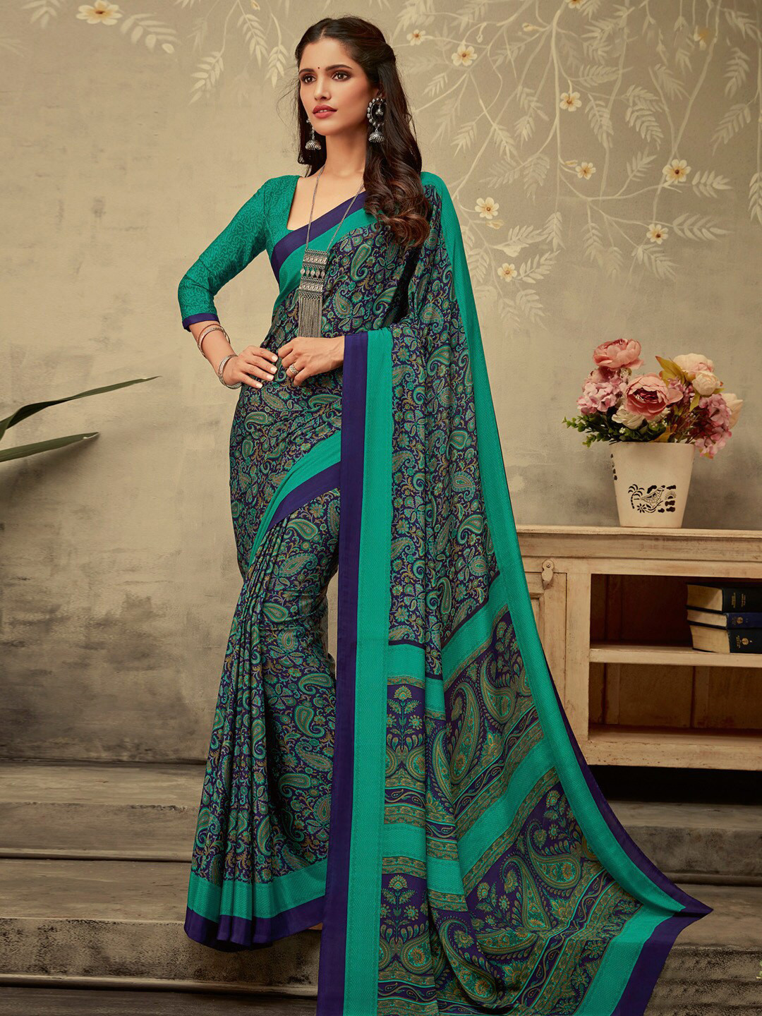 Saree mall Floral Poly Crepe Bagru Sarees main image 1