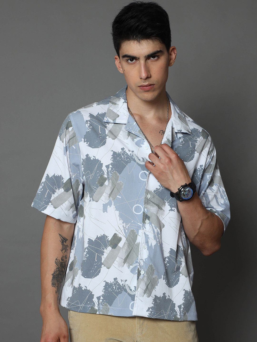 Men's Grey Abstract Cuban Collar Relaxed Fit Shirt