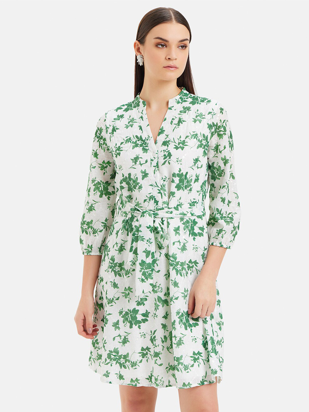 Women Green Conversational Printed Mandarin Collar Cotton A-Line Dress