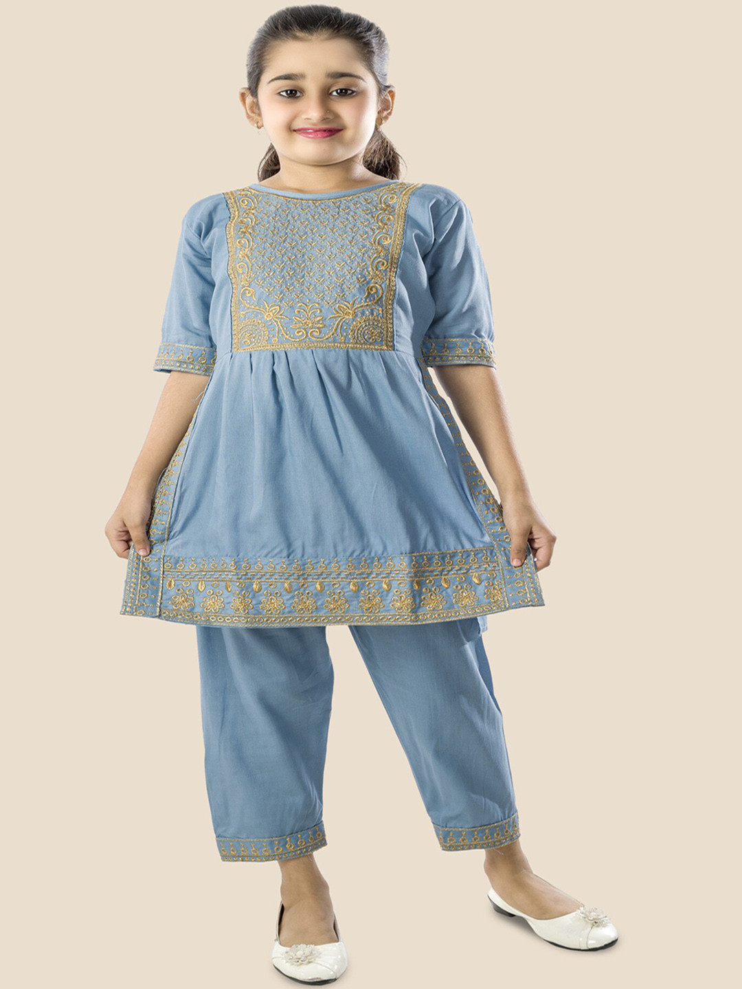 Girls Peach-Coloured Ethnic Motifs Embroidered Kurta With Palazzos