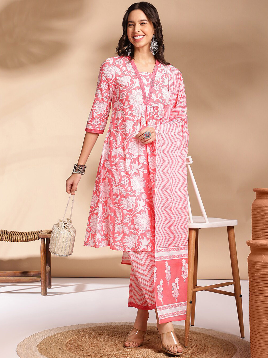 Maroon Printed 3/4Th Sleeve Cotton Anarkali Kurta